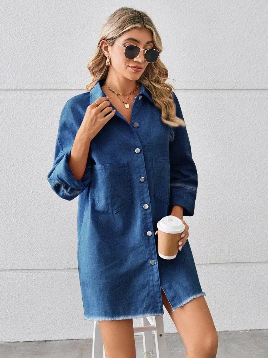 Trendsi Denim Shirt Dress with Pockets - Button Front