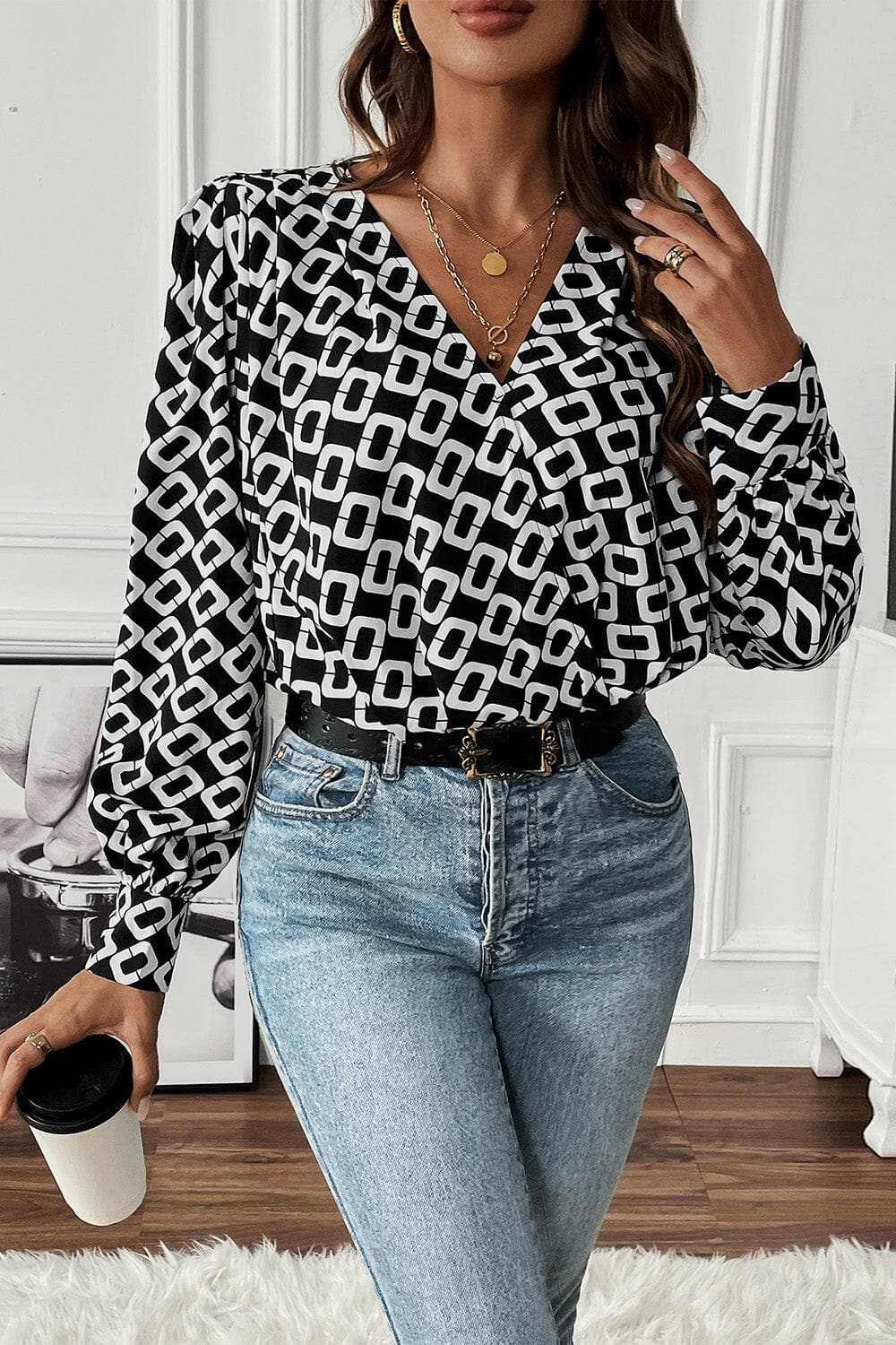 Trendsi Geometric V-Neck Blouse — Modern Workwear Style