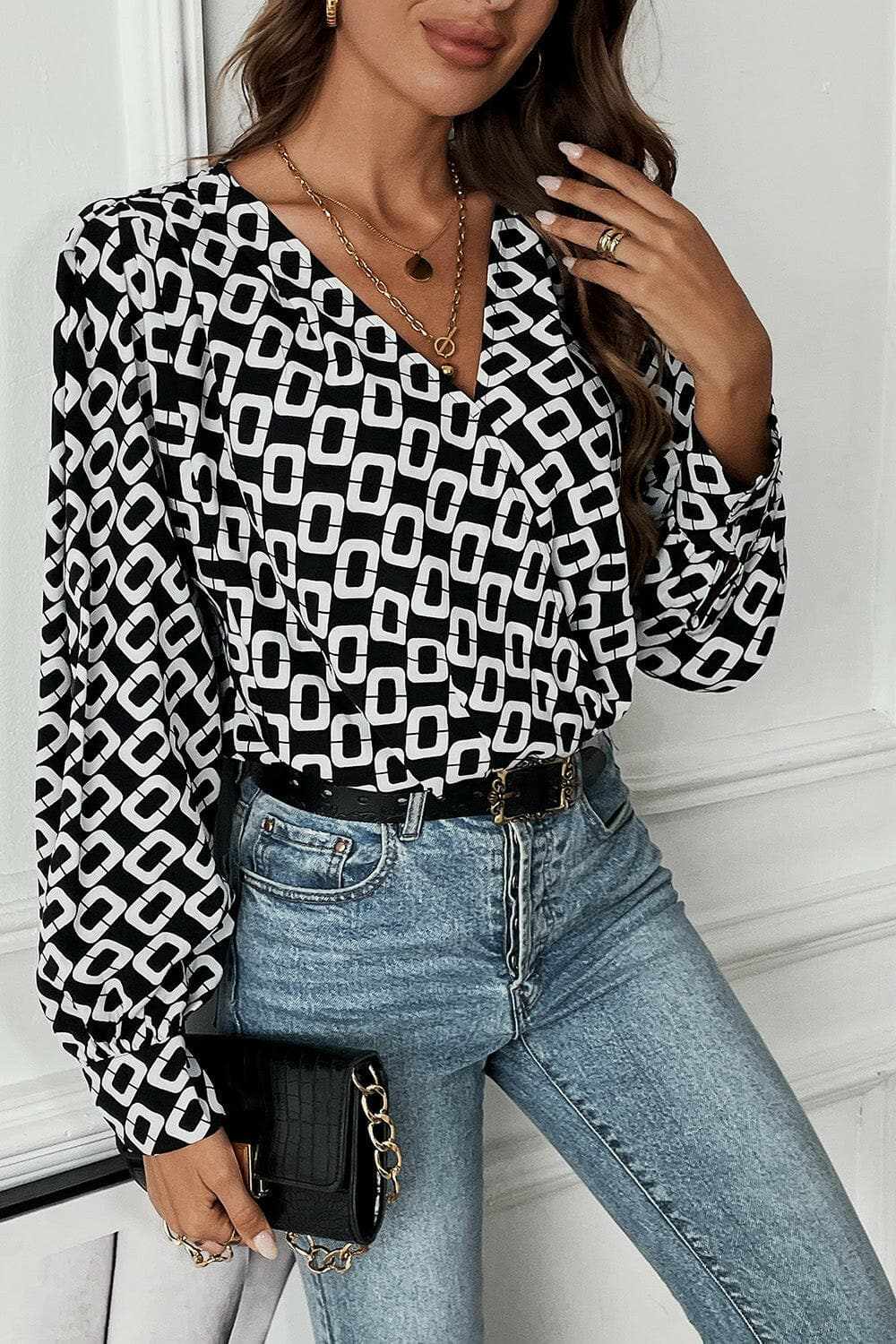 Trendsi Geometric V-Neck Blouse — Modern Workwear Style