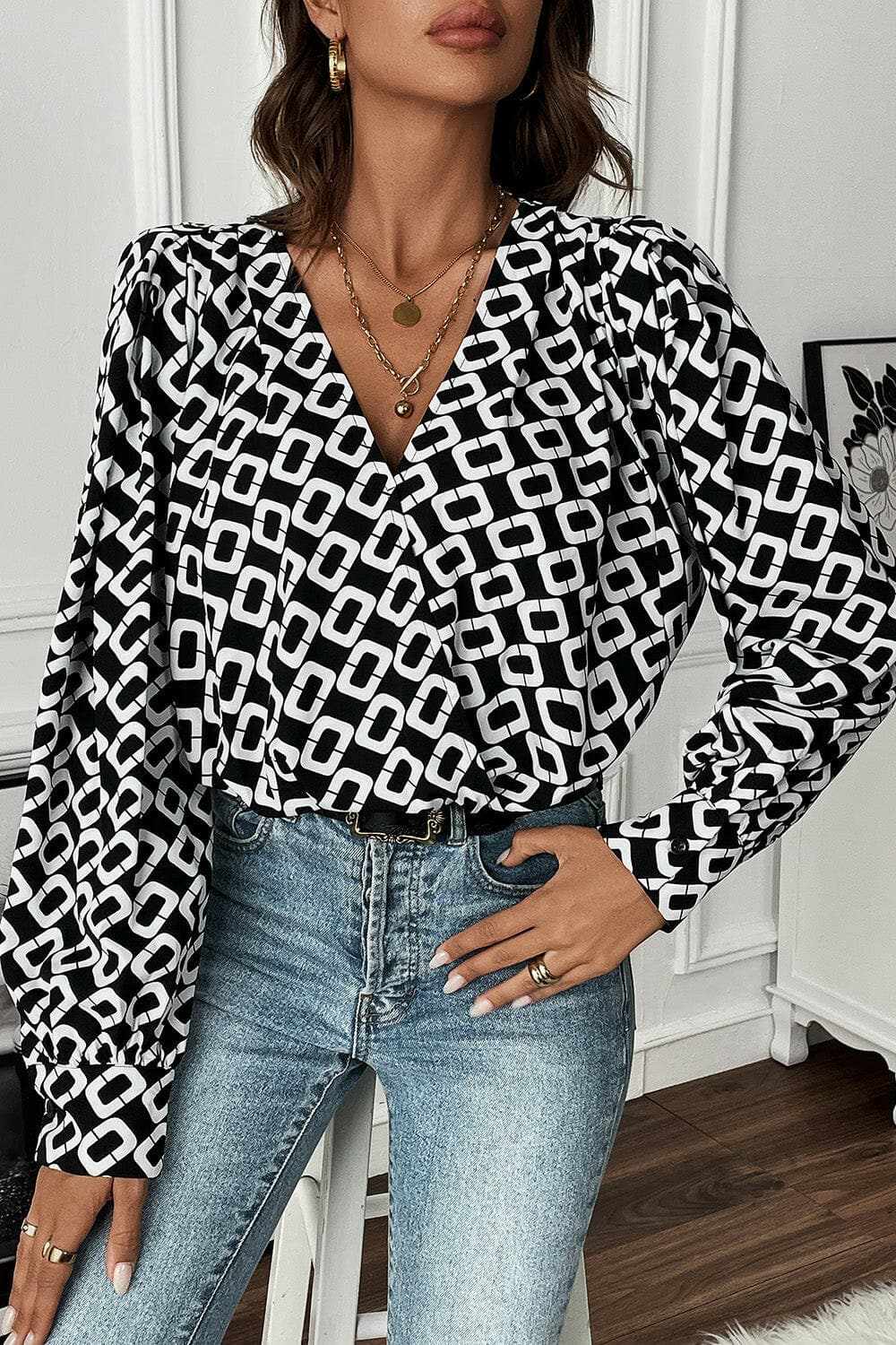 Trendsi Geometric V-Neck Blouse — Modern Workwear Style
