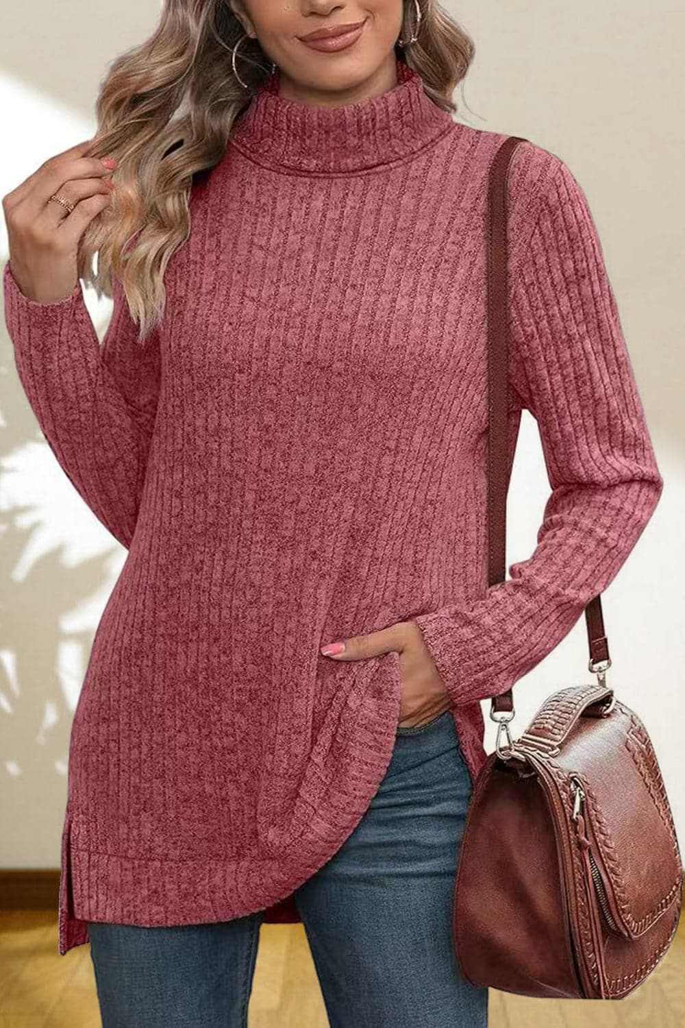 Cerise Turtleneck Sweater by Trendsi – Quality High-Low Hem Style