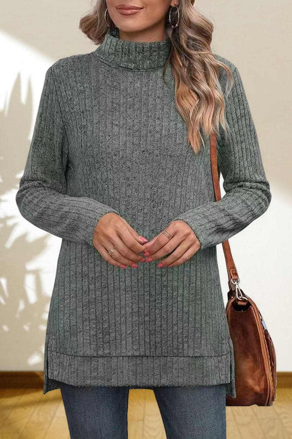 Cerise Turtleneck Sweater by Trendsi – Quality High-Low Hem Style