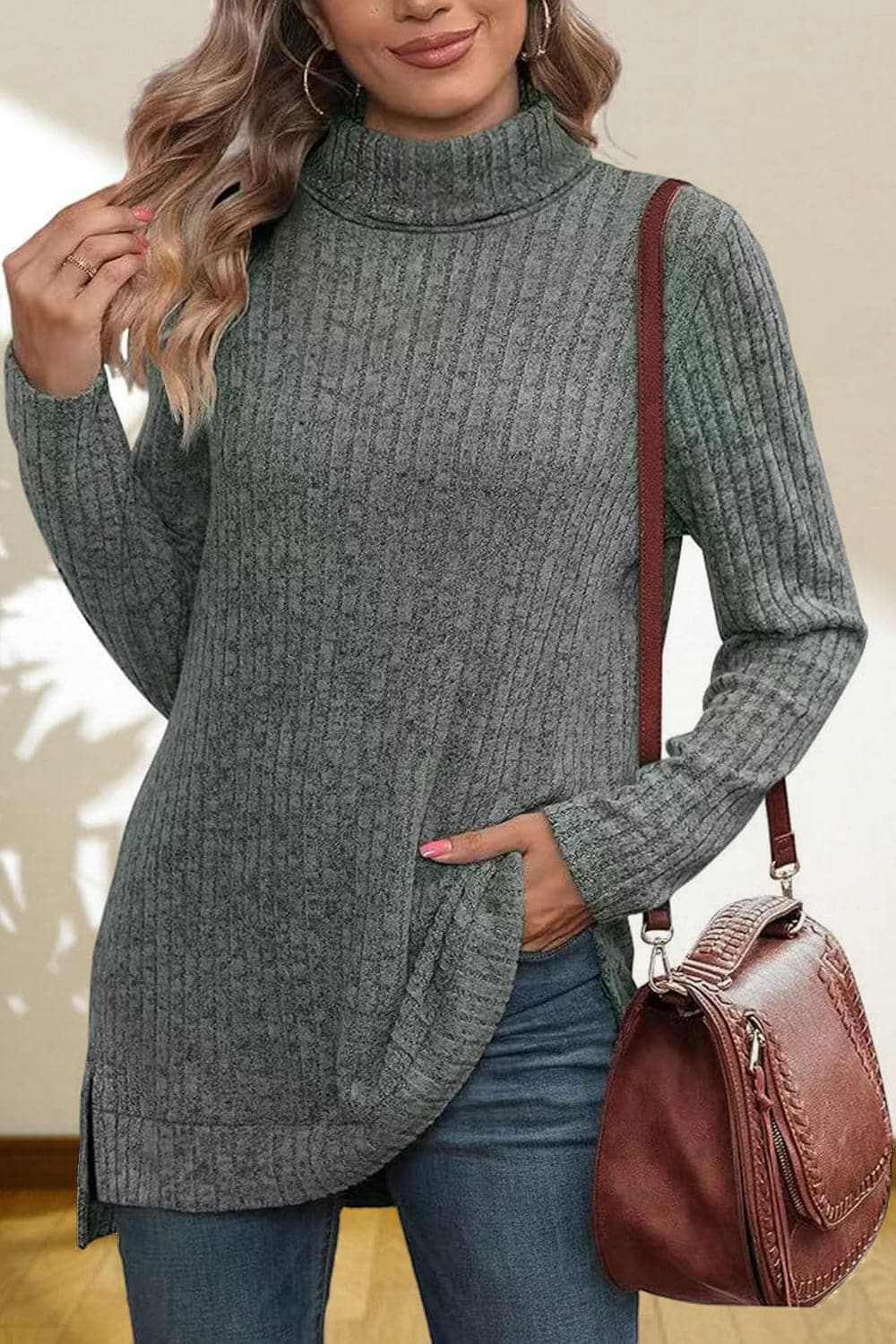 Cerise Turtleneck Sweater by Trendsi – Quality High-Low Hem Style