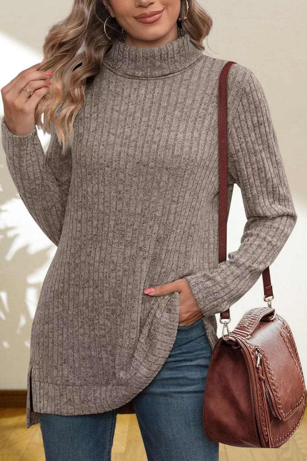 Cerise Turtleneck Sweater by Trendsi – Quality High-Low Hem Style