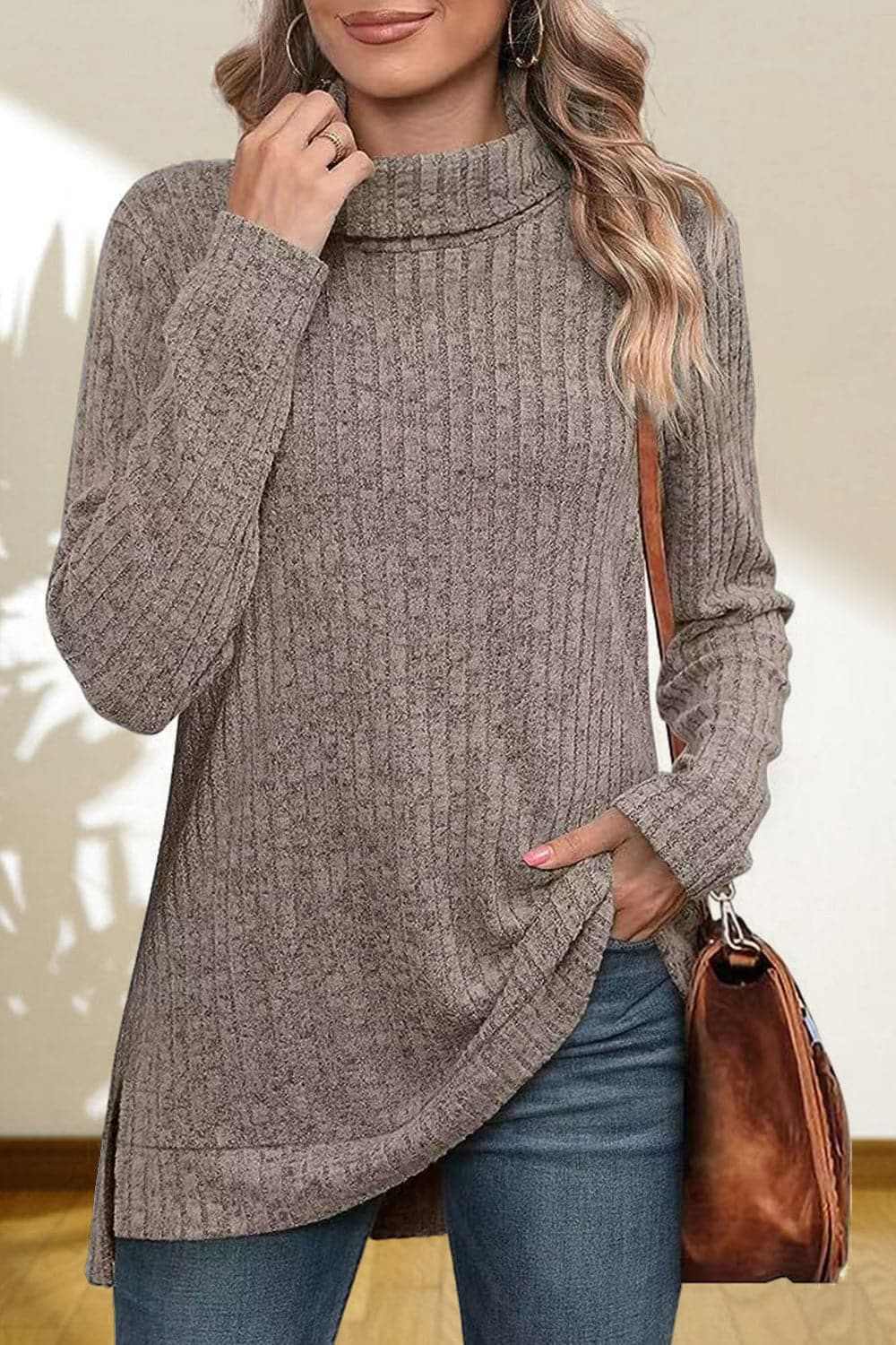 Cerise Turtleneck Sweater by Trendsi – Quality High-Low Hem Style