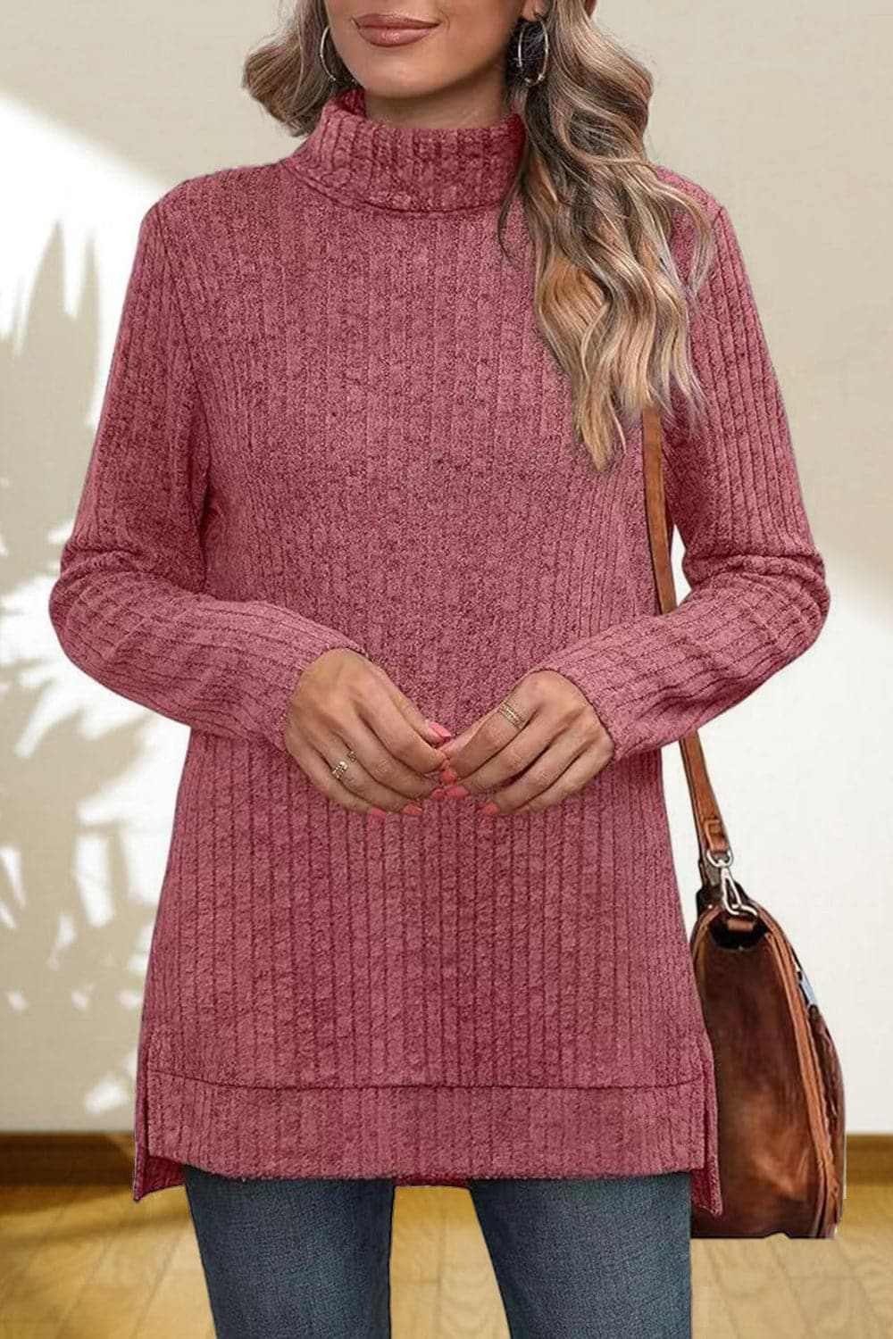 Cerise Turtleneck Sweater by Trendsi – Quality High-Low Hem Style