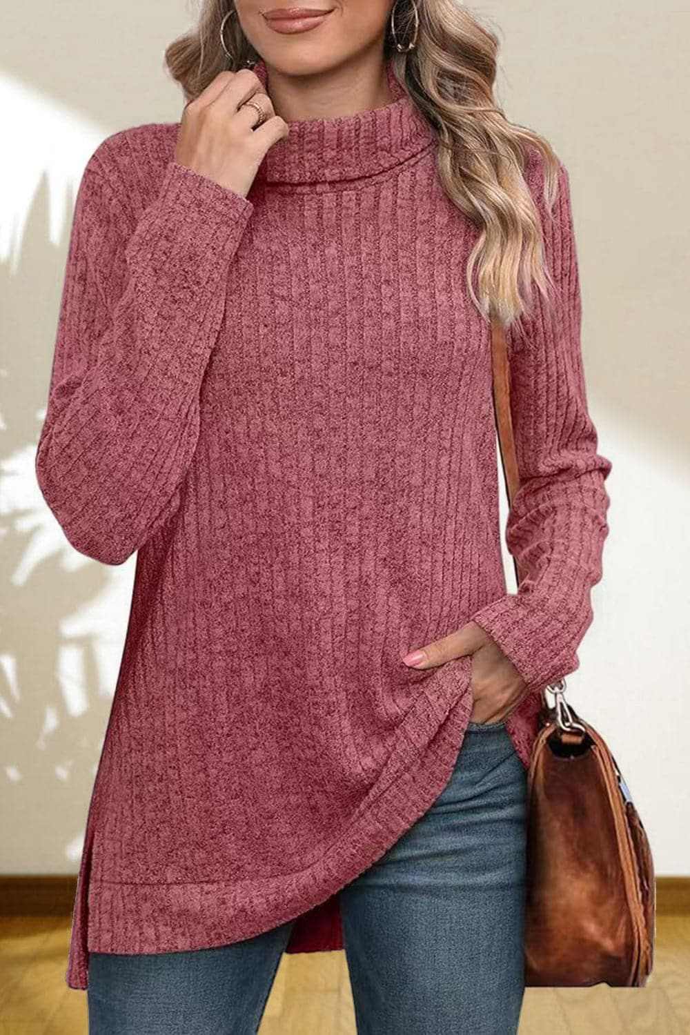 Cerise Turtleneck Sweater by Trendsi – Quality High-Low Hem Style