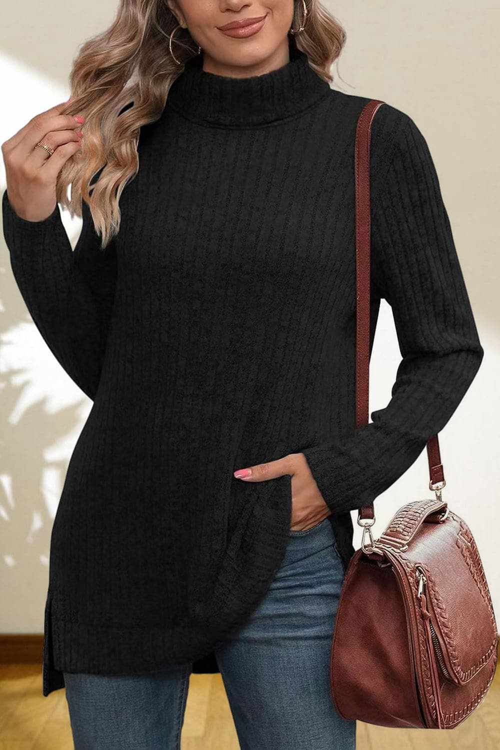Cerise Turtleneck Sweater by Trendsi – Quality High-Low Hem Style