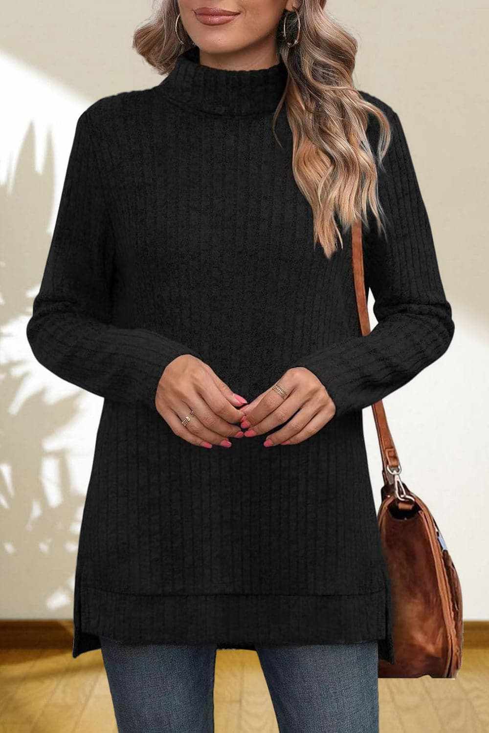 Cerise Turtleneck Sweater by Trendsi – Quality High-Low Hem Style