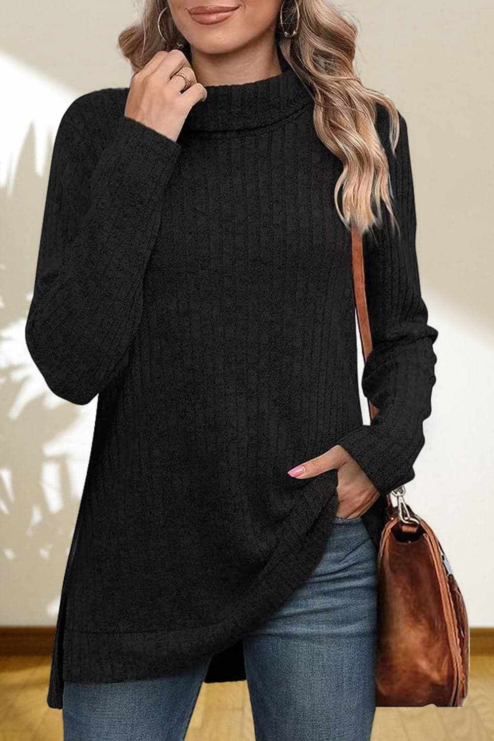 Cerise Turtleneck Sweater by Trendsi – Quality High-Low Hem Style