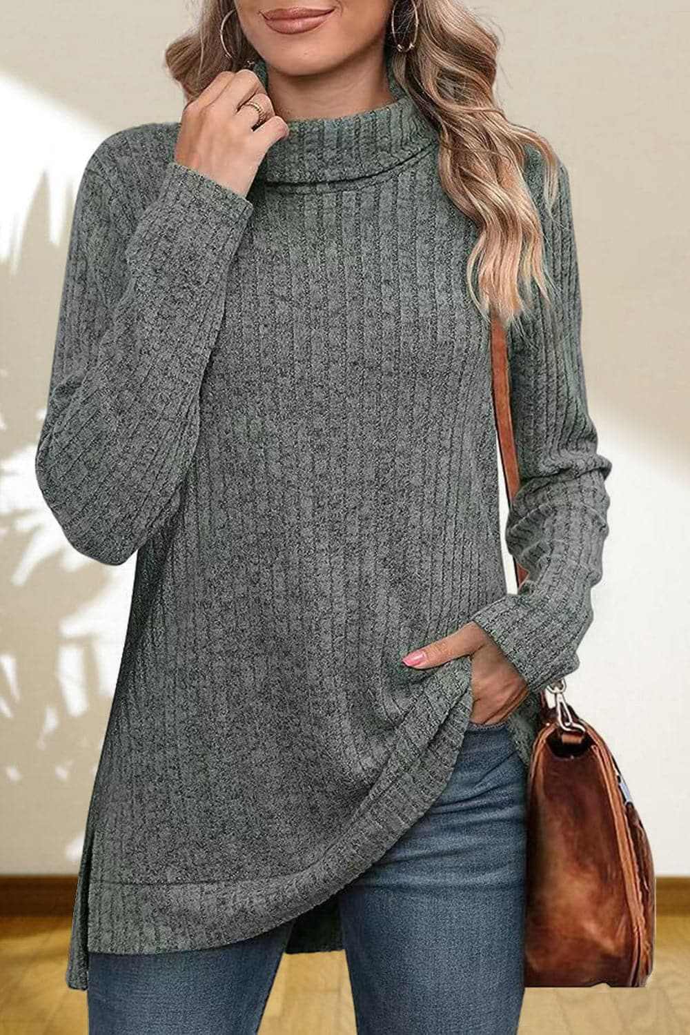 Cerise Turtleneck Sweater by Trendsi – Quality High-Low Hem Style