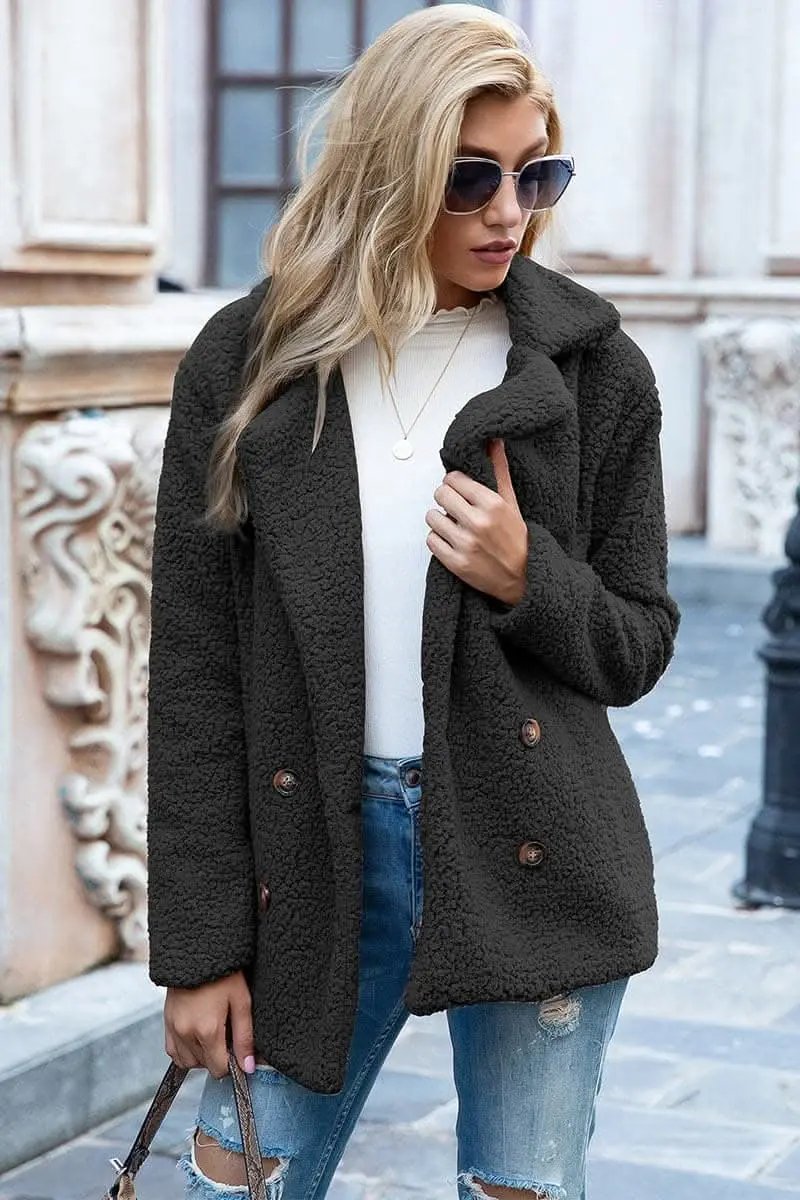 Love Salve Sherpa Coat with Faux Fur Lapel Collar
