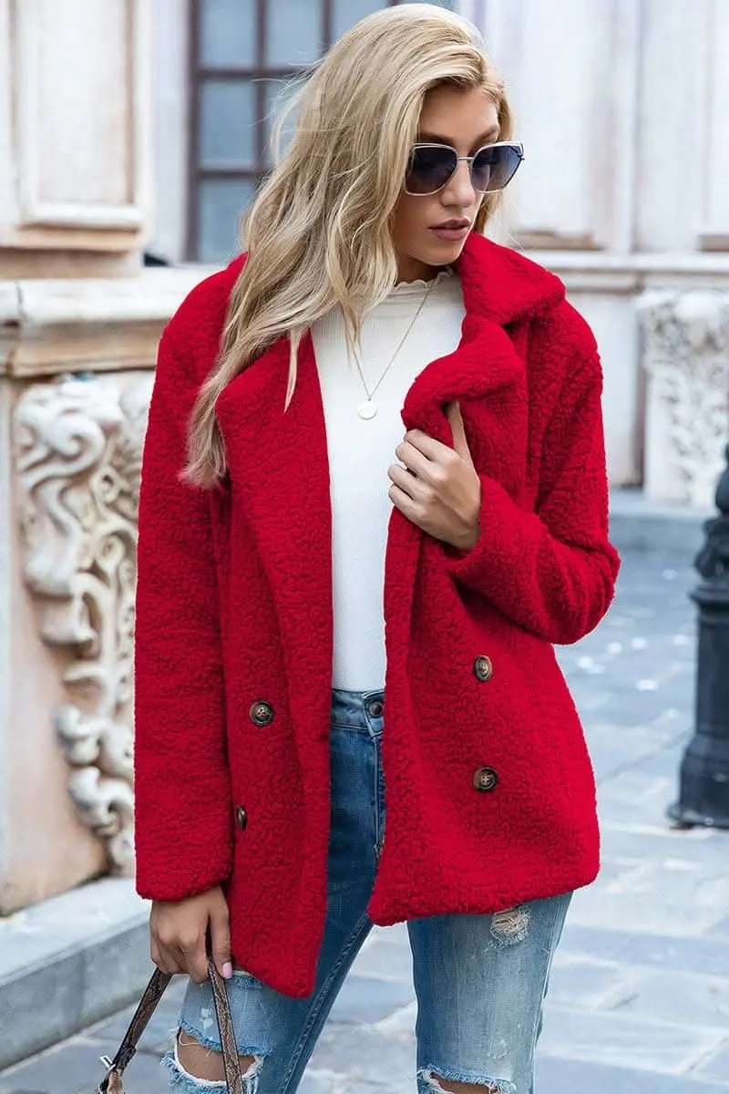 Love Salve Sherpa Coat with Faux Fur Lapel Collar