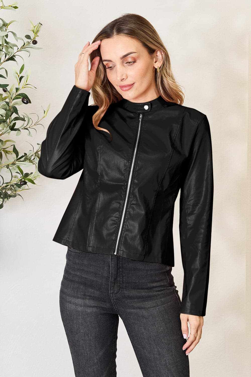 Trendsi Mock Neck Zip-Up Jacket Black