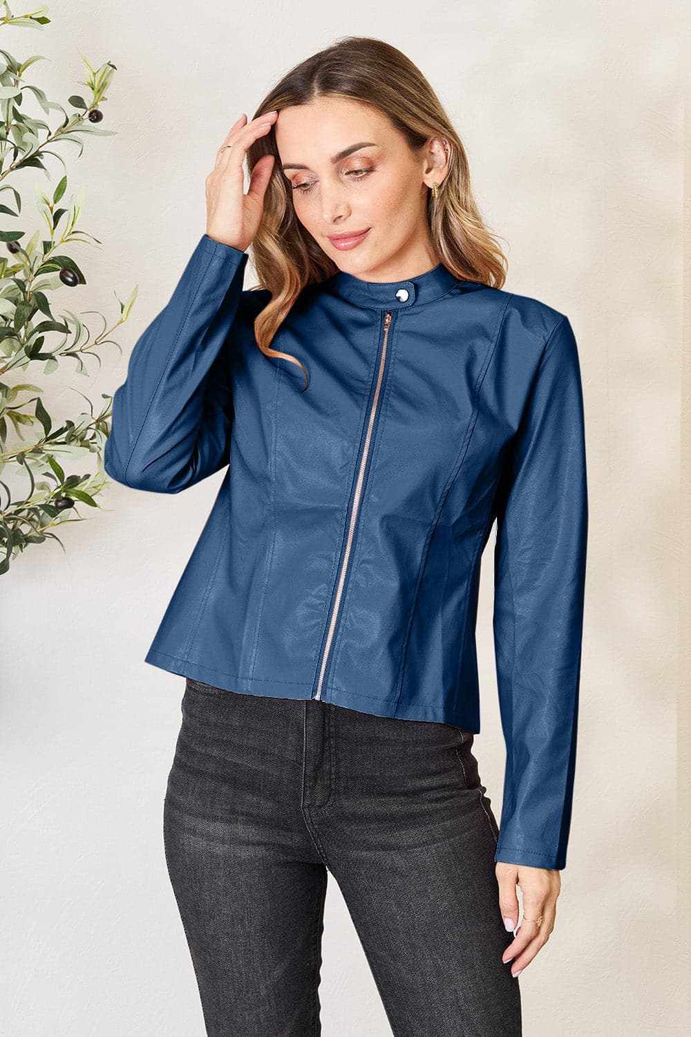 Trendsi Mock Neck Zip-Up Jacket Black