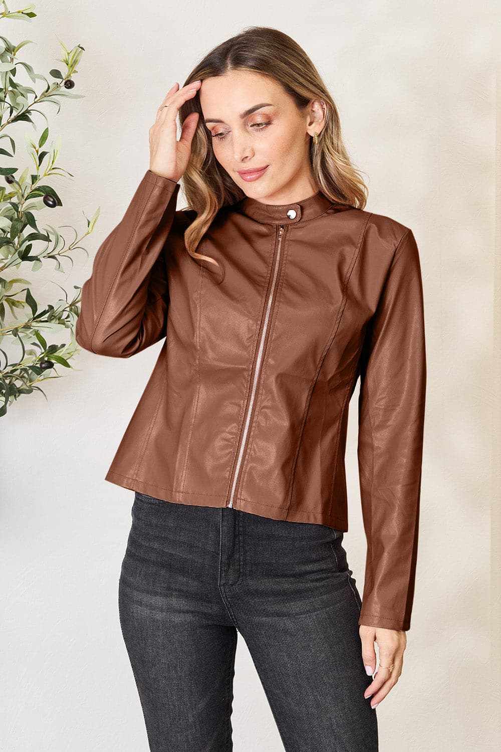 Trendsi Mock Neck Zip-Up Jacket Black