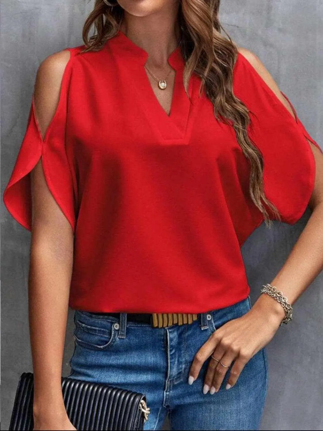 T-Shirts Trendsi just arrived - Chic notched cold shoulder blouse