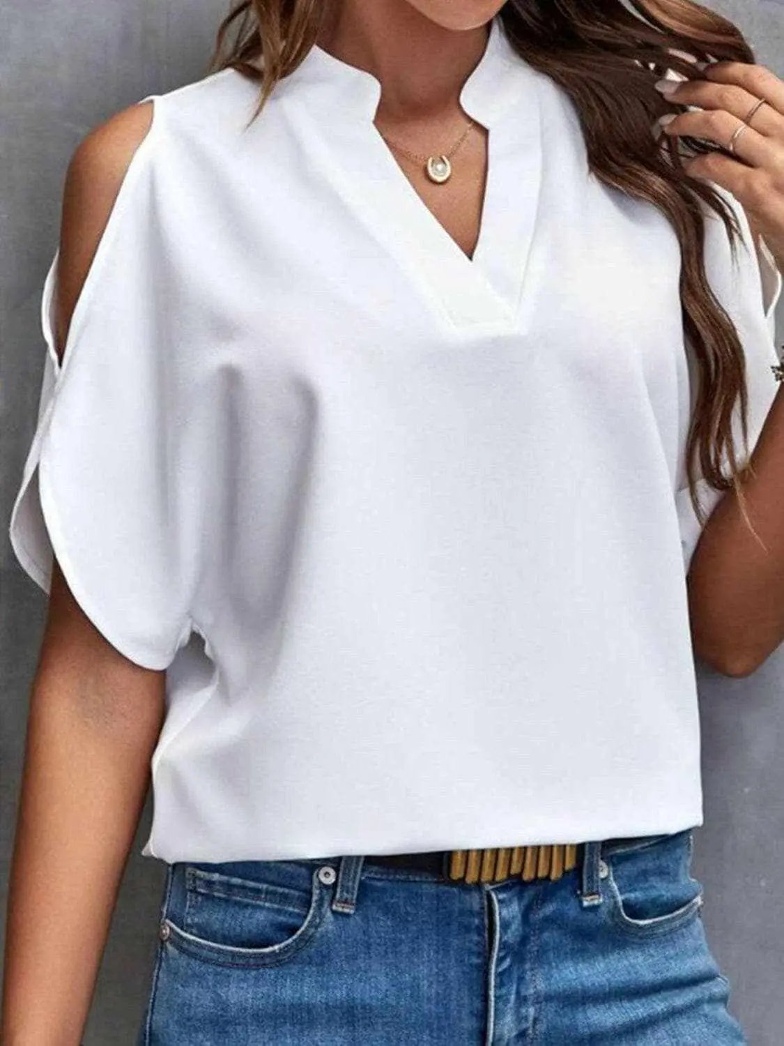 T-Shirts Trendsi just arrived - Chic notched cold shoulder blouse