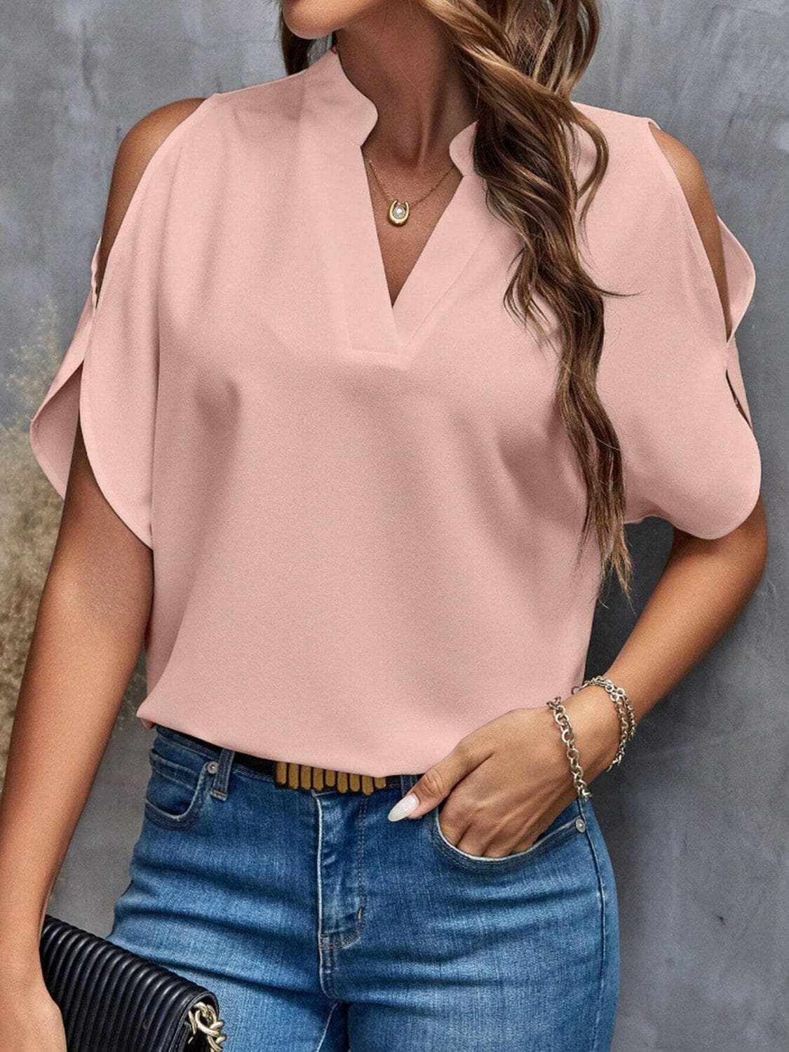 T-Shirts Trendsi just arrived - Chic notched cold shoulder blouse