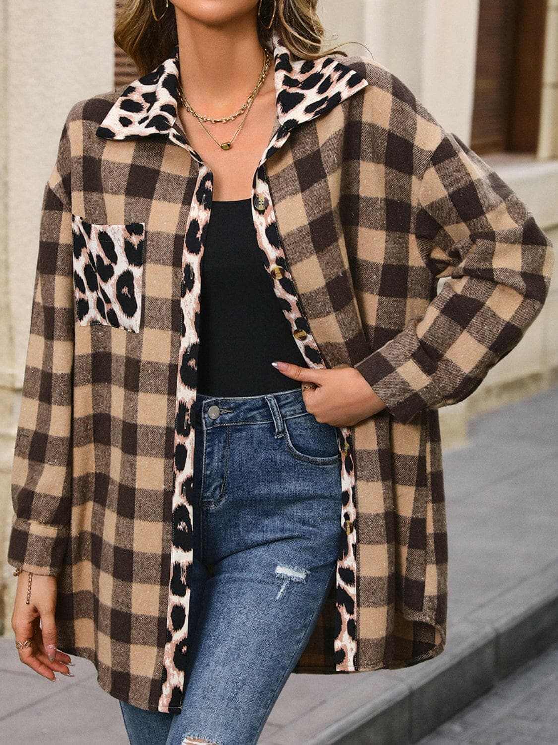 T-Shirts Trendsi Chic plaid jacket with dropped shoulders