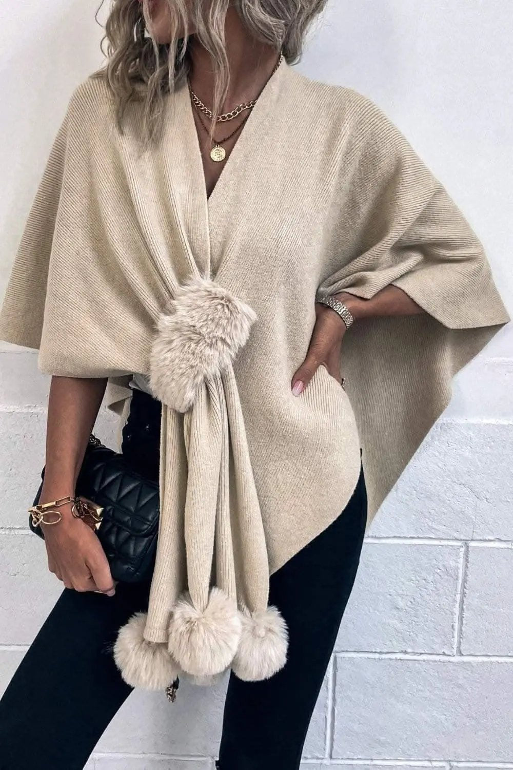 Ponchos Trendsi Chic poncho with pom-pom trim