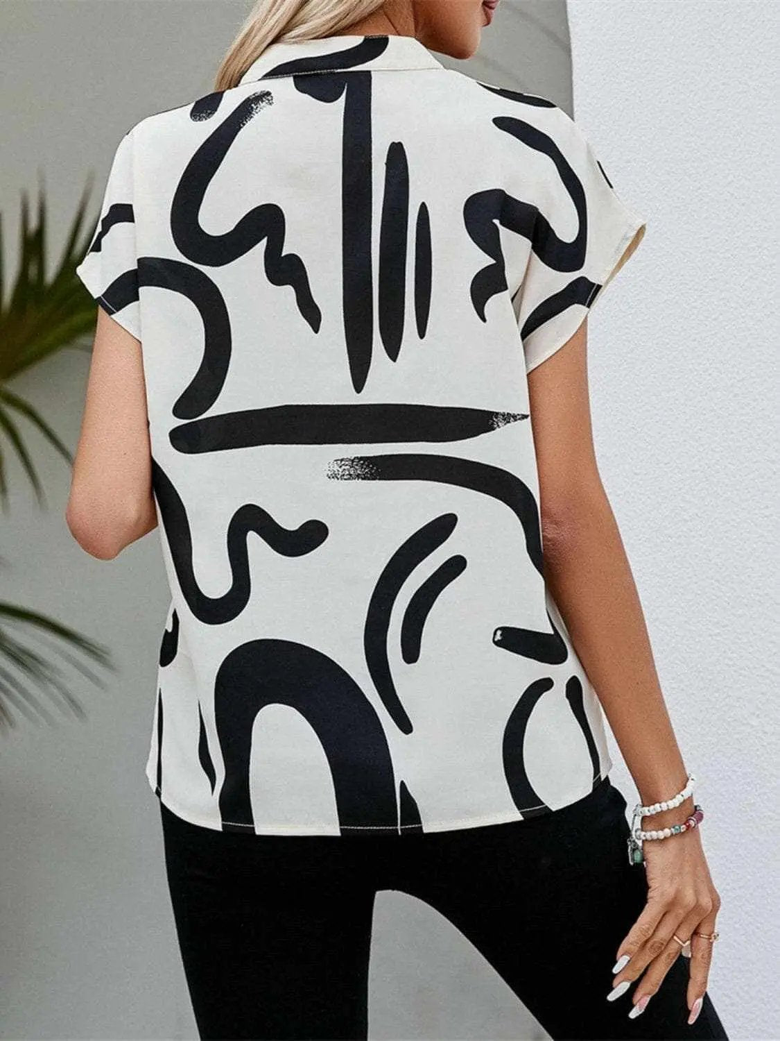 Women's Printed Blouse by Trendsi | Notched Sleeve White