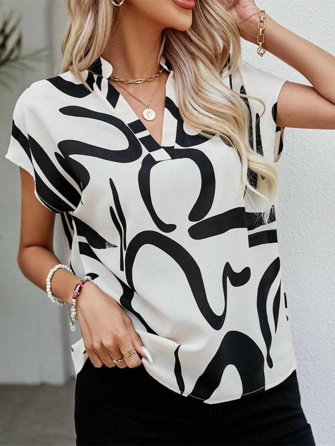 Women's Printed Blouse by Trendsi | Notched Sleeve White