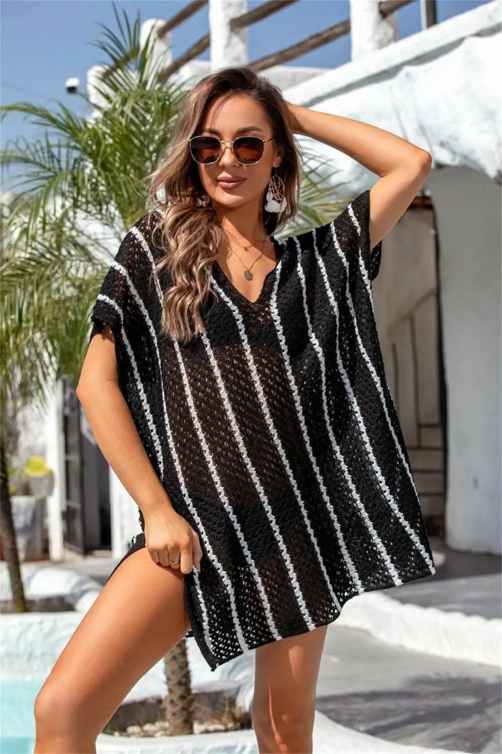 Women's Cover-Up - Sheer Openwork V-Neck - Beach to Pool