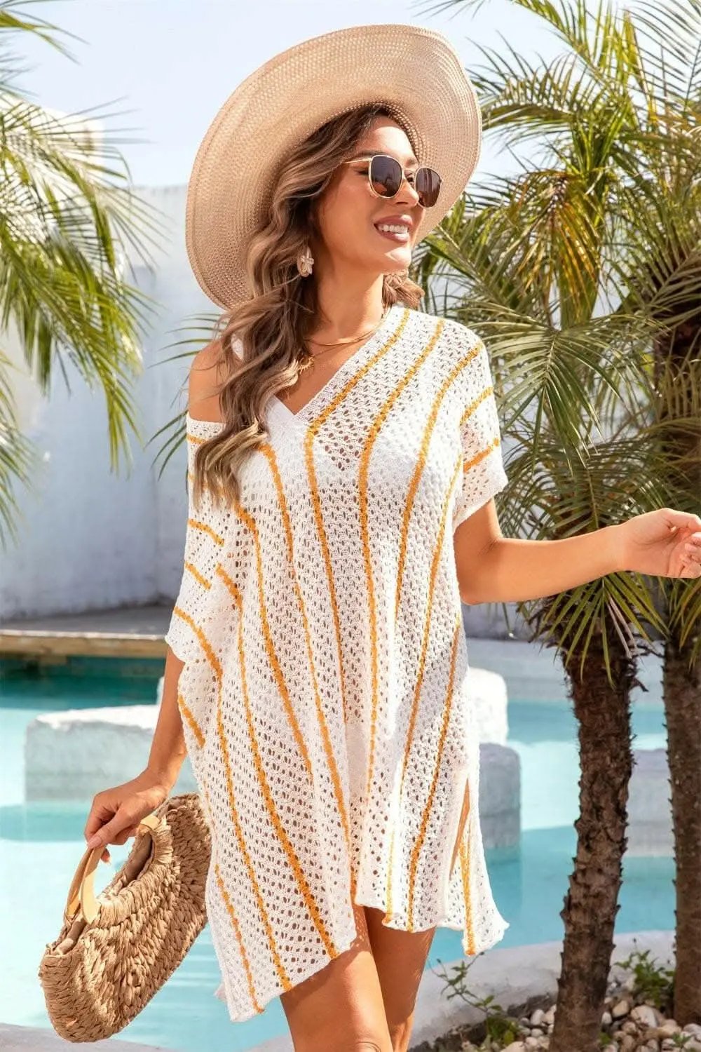Women's Cover-Up - Sheer Openwork V-Neck - Beach to Pool