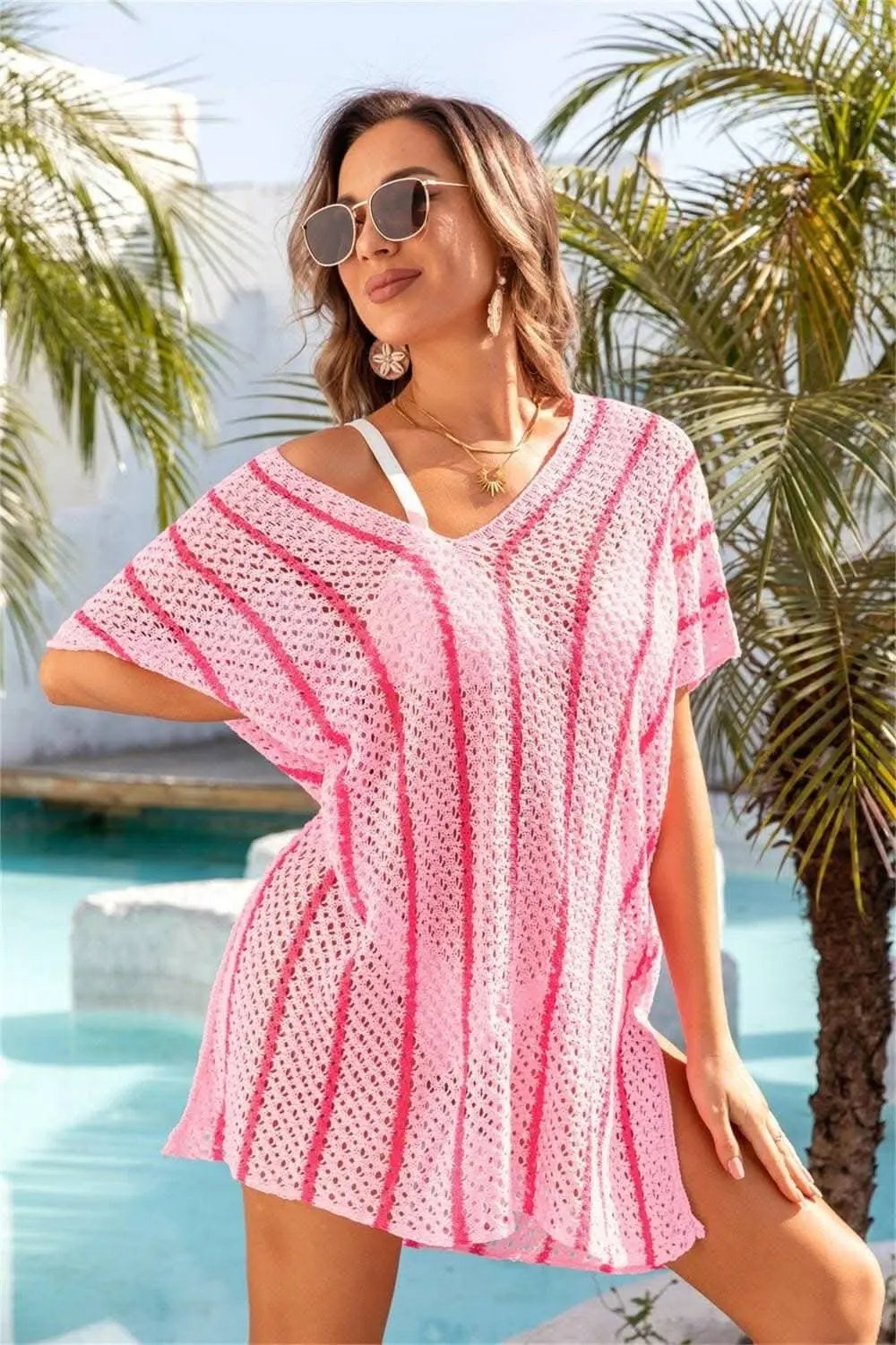 Women's Cover-Up - Sheer Openwork V-Neck - Beach to Pool