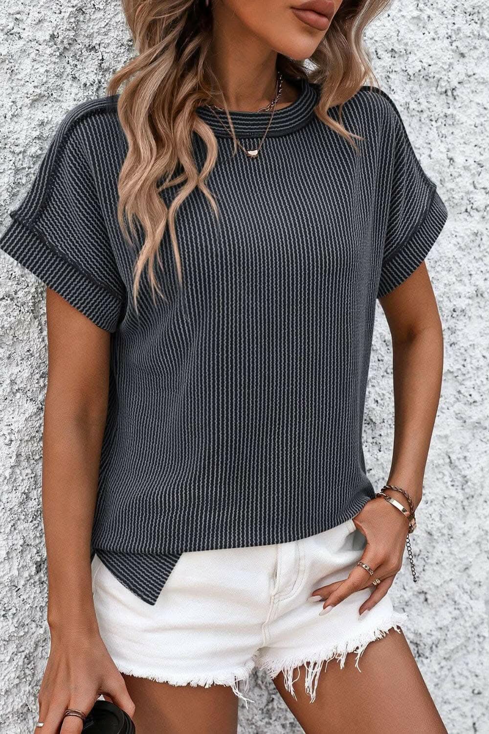 T-Shirts Trendsi just arrived - Chic striped ribbed tee with seams