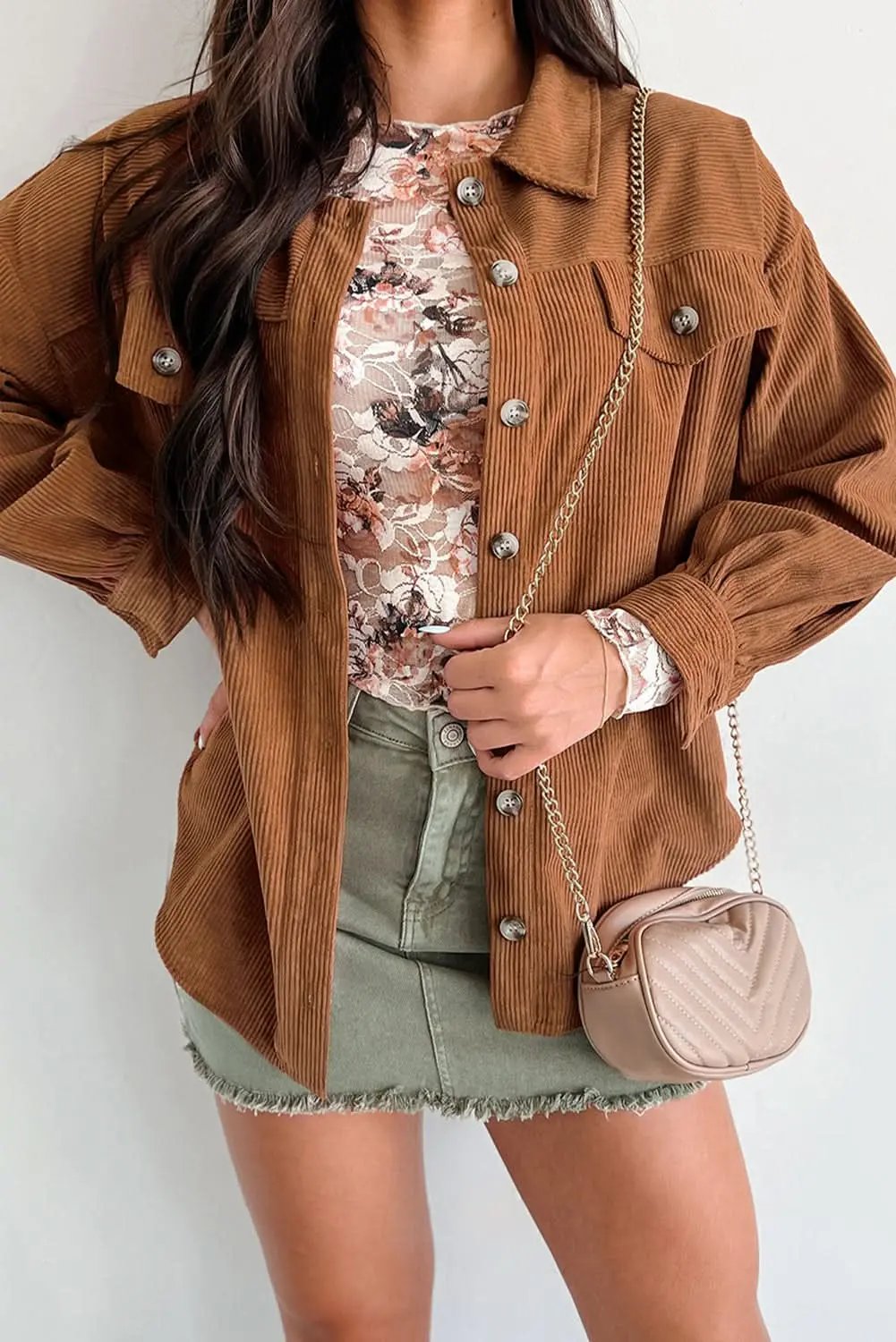 Shirts Love Salve Cinnamon Corduroy Women's Everyday Shacket: Flap Pocket, Button Up