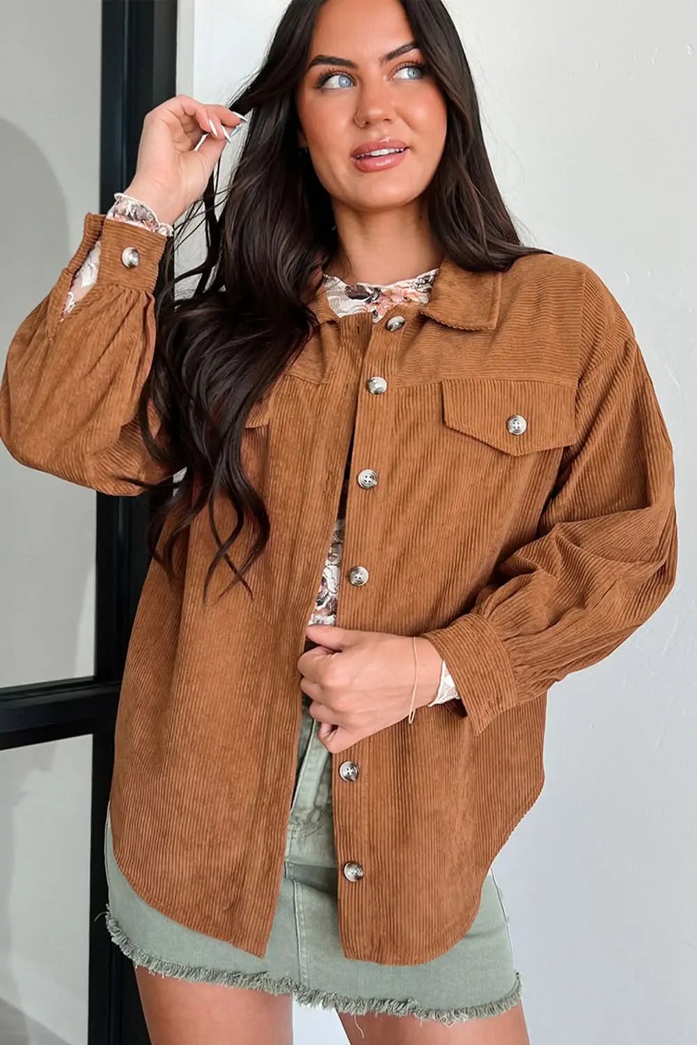 Shirts Love Salve Cinnamon Corduroy Women's Everyday Shacket: Flap Pocket, Button Up
