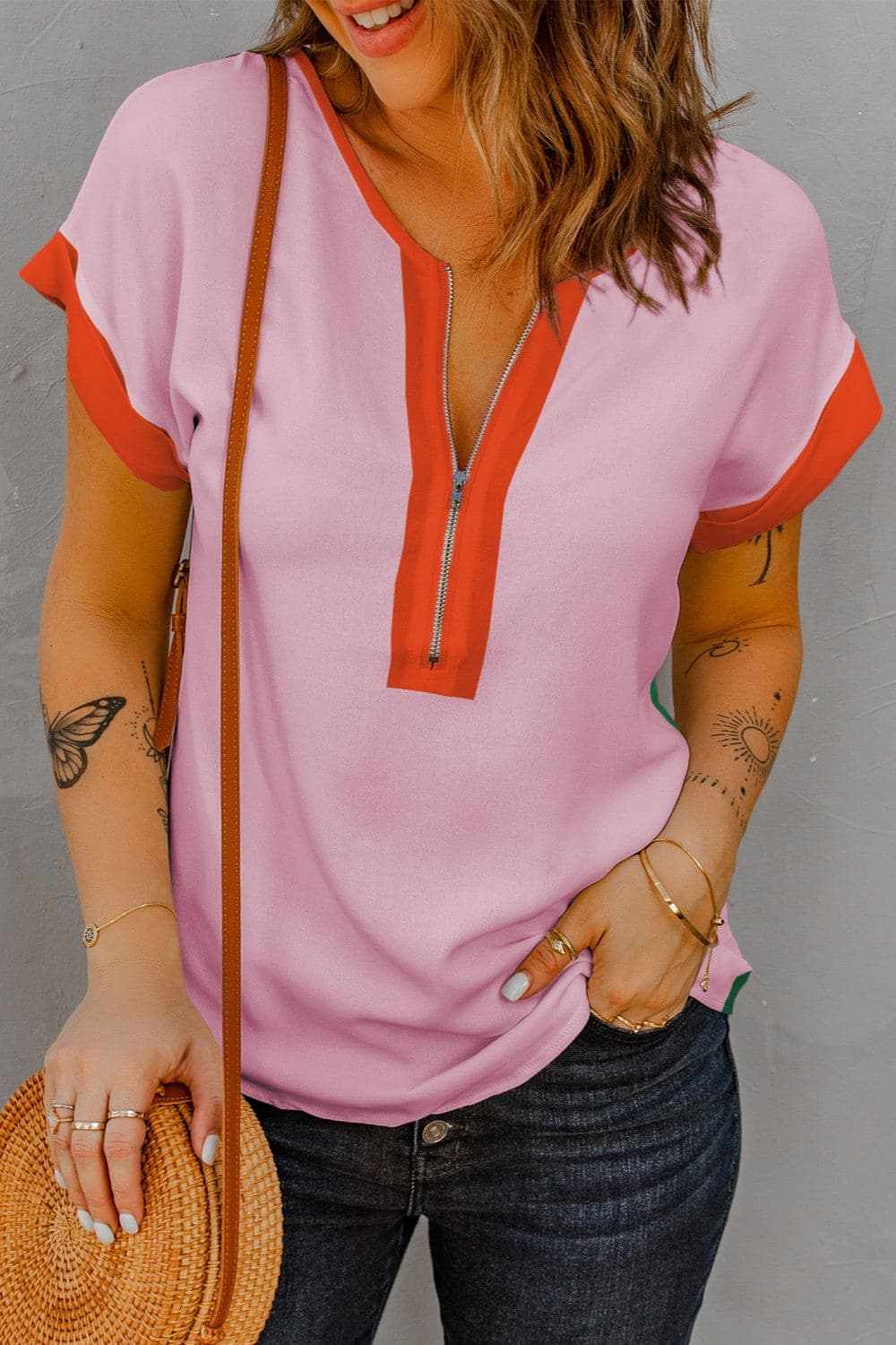 Short Sleeve Contrast Zip-Up Top by Trendsi - Blush