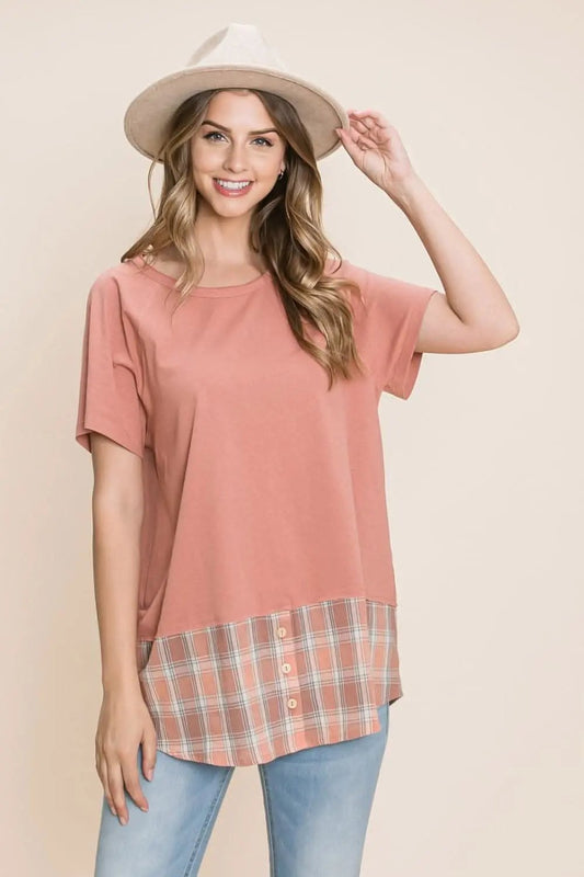 T-Shirts Trendsi Cotton Bleu Plaid Tee Women's Casual T-Shirt Soft & Stylish