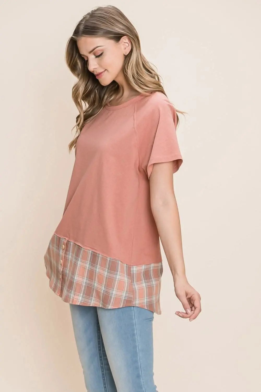 T-Shirts Trendsi Cotton Bleu Plaid Tee Women's Casual T-Shirt Soft & Stylish