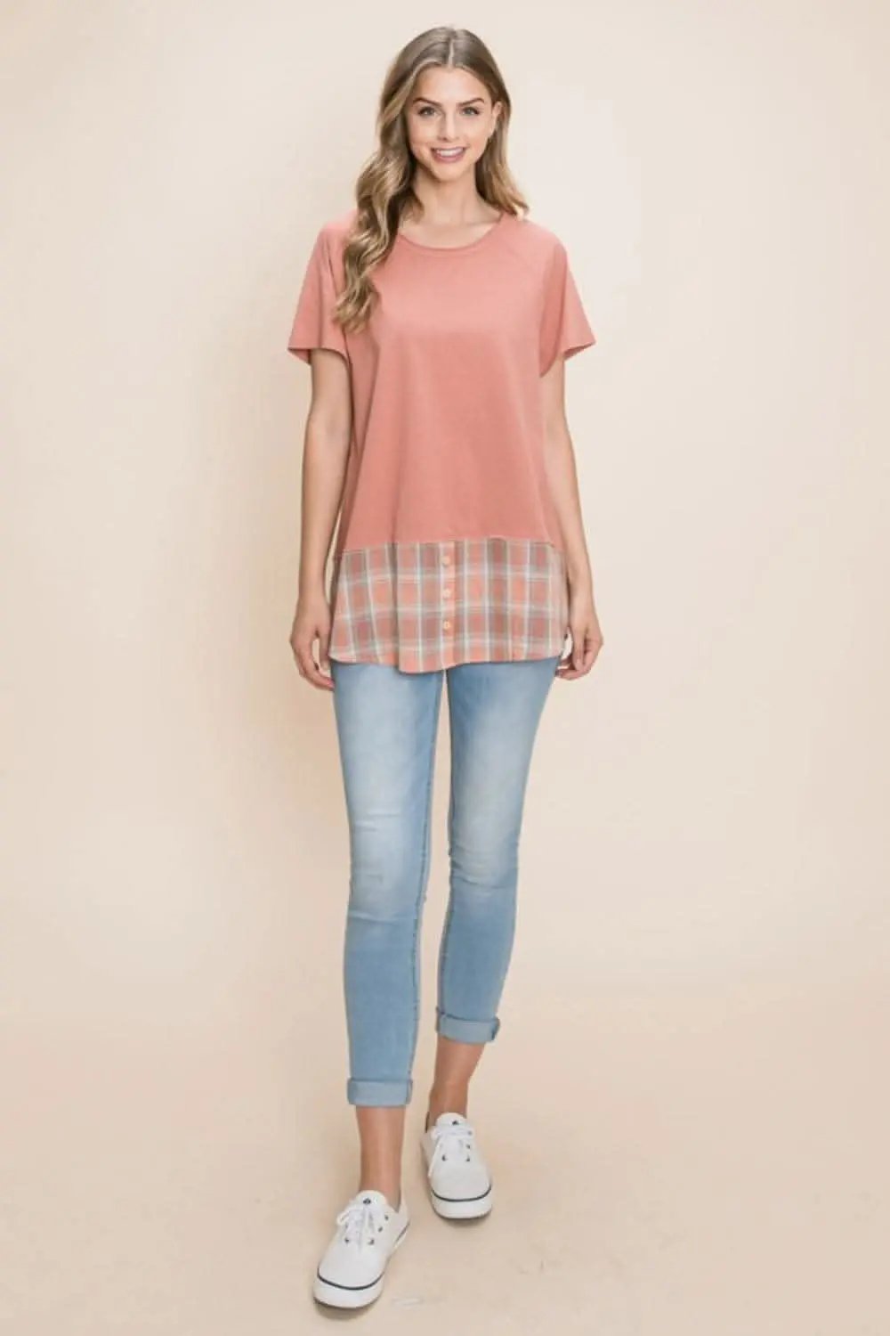 T-Shirts Trendsi Cotton Bleu Plaid Tee Women's Casual T-Shirt Soft & Stylish