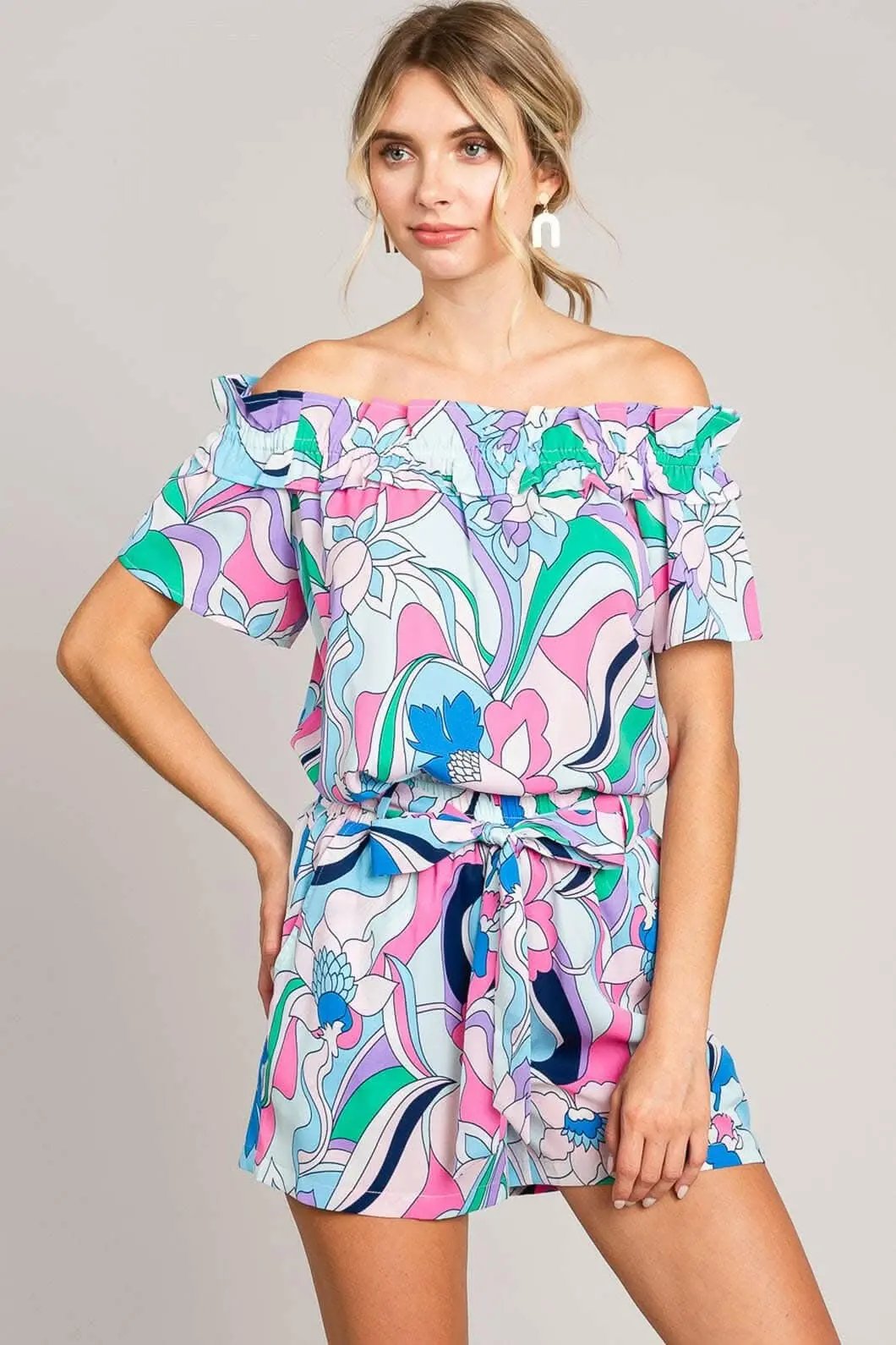 Trendsi Cotton Bleu by Nu Label Abstracted Print Tie Front Shorts