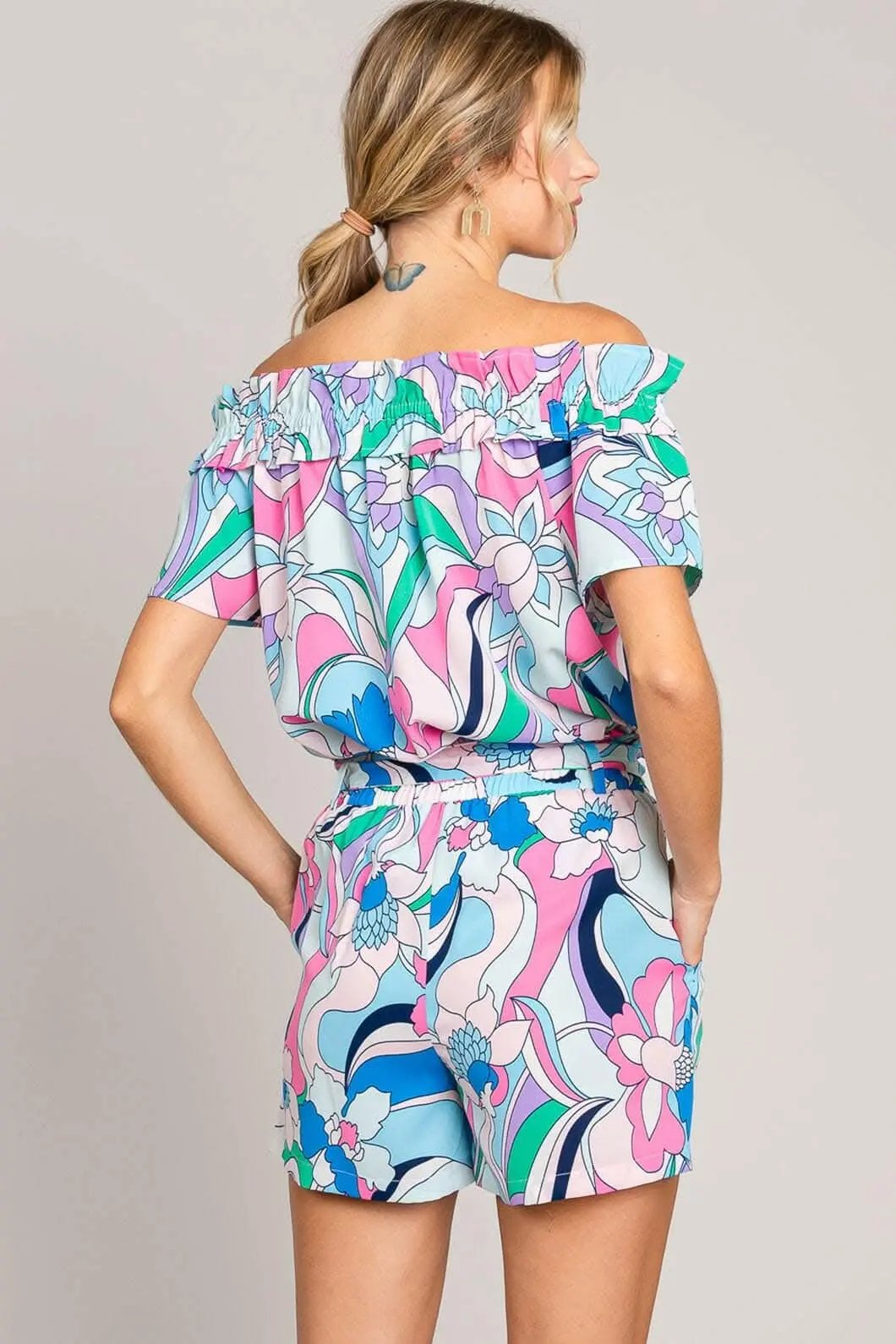 Trendsi Cotton Bleu by Nu Label Abstracted Print Tie Front Shorts