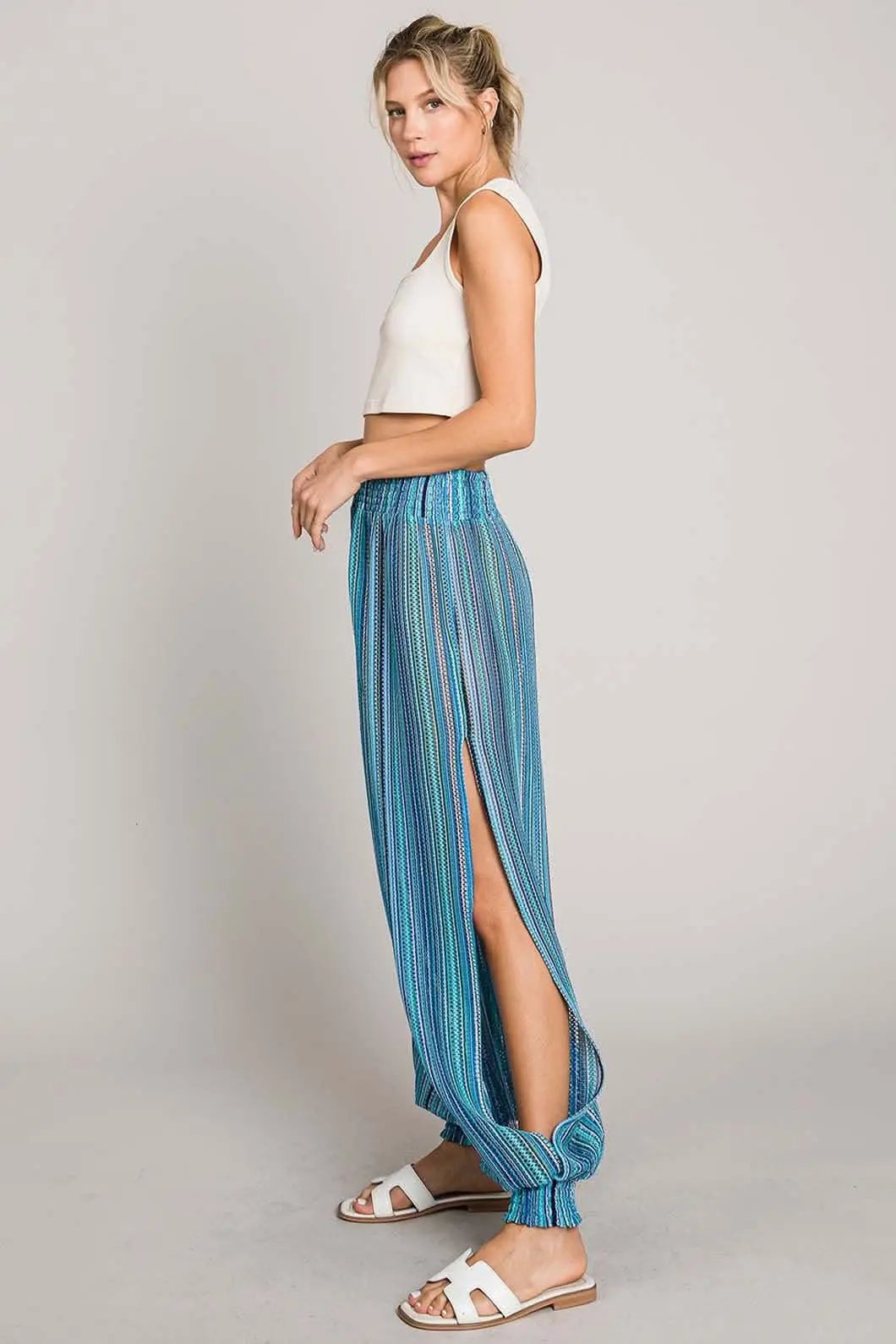 Trendsi Cotton Bleu Striped Smocked Women's Cover Up Pants - Comfy & Lightweight