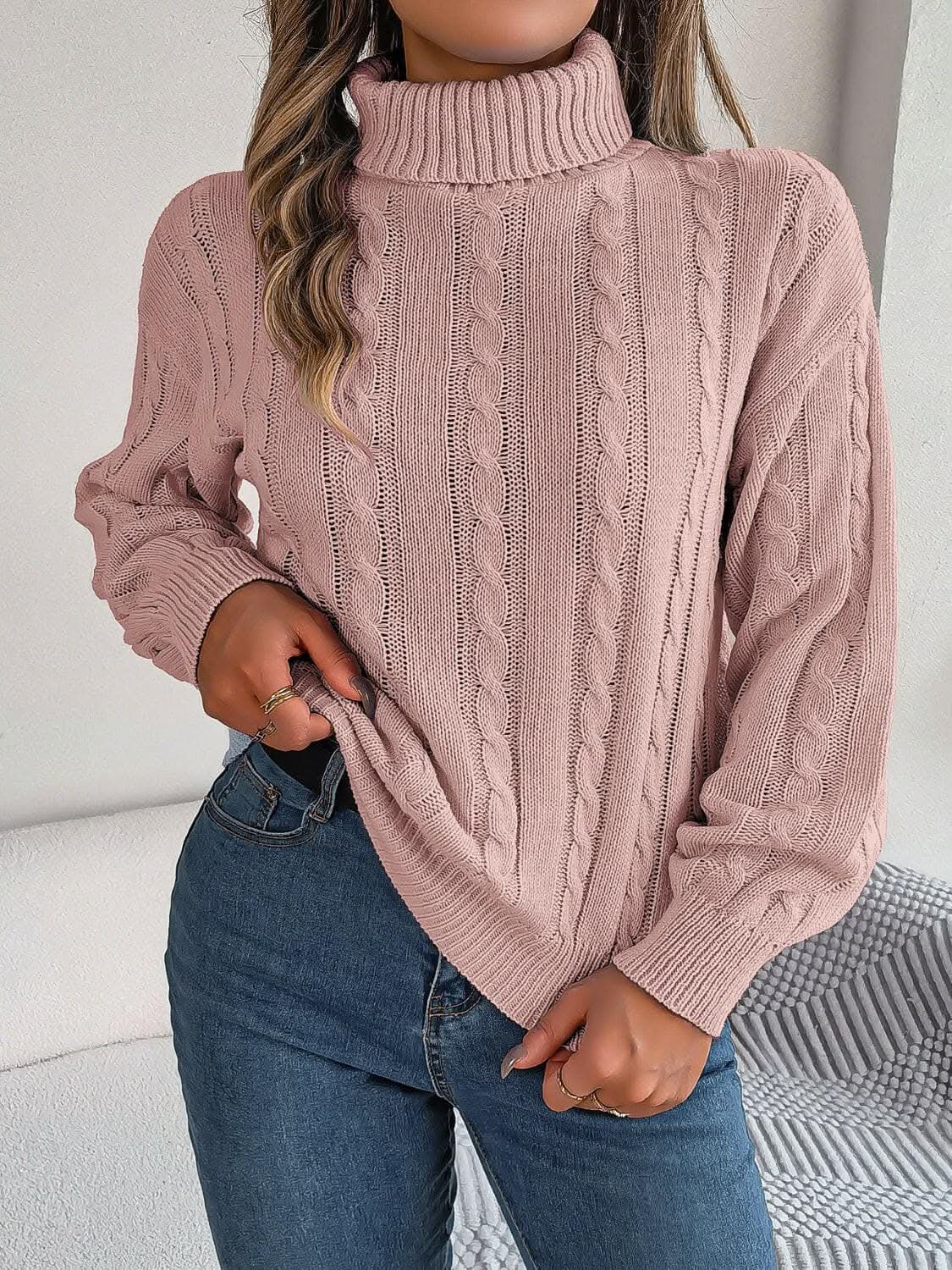Women's Cable-Knit Sweater by Trendsi | Turtleneck Dusty Pink