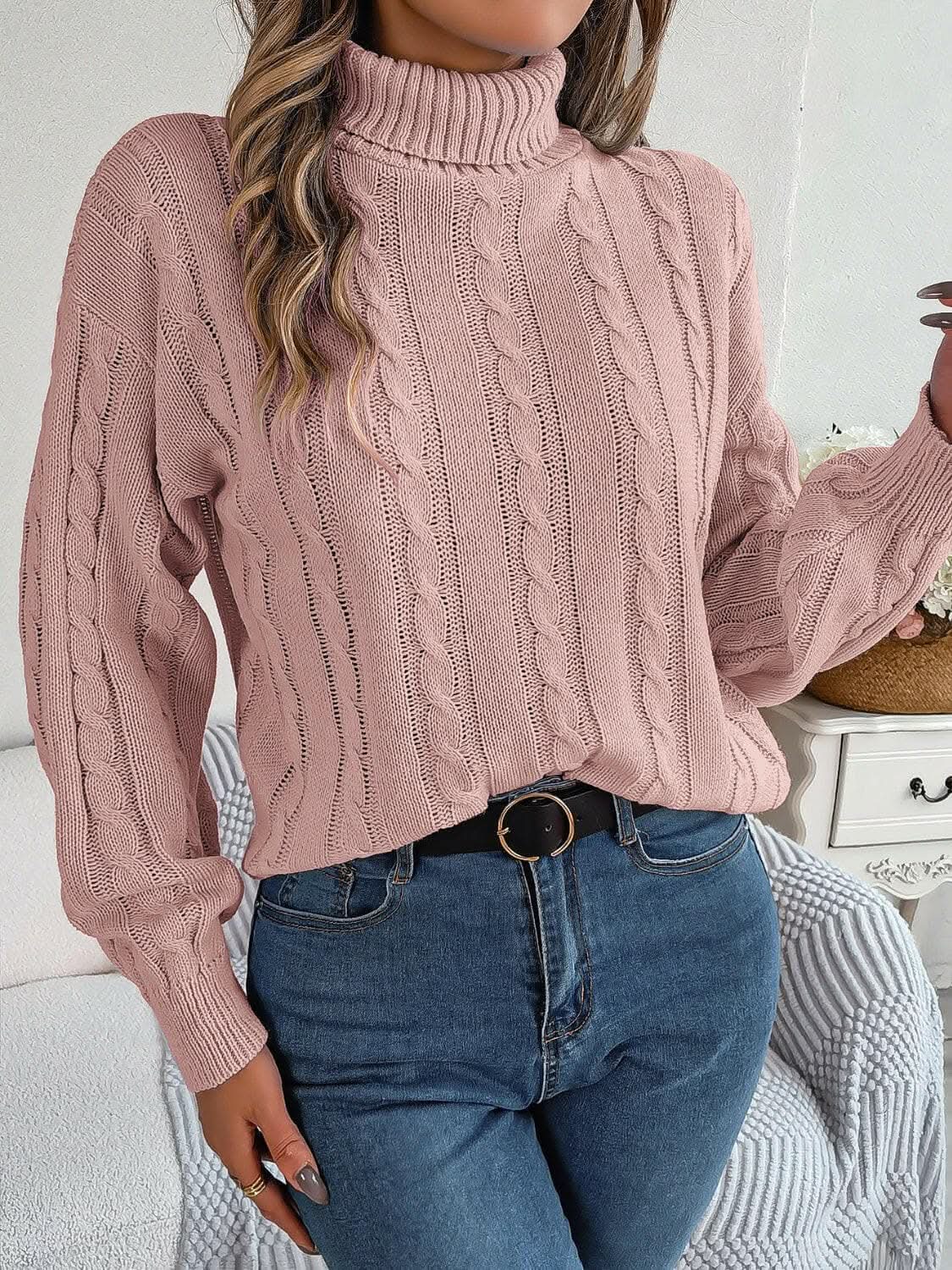 Women's Cable-Knit Sweater by Trendsi | Turtleneck Dusty Pink