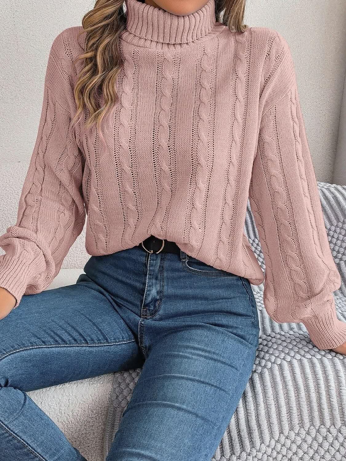 Women's Cable-Knit Sweater by Trendsi | Turtleneck Dusty Pink