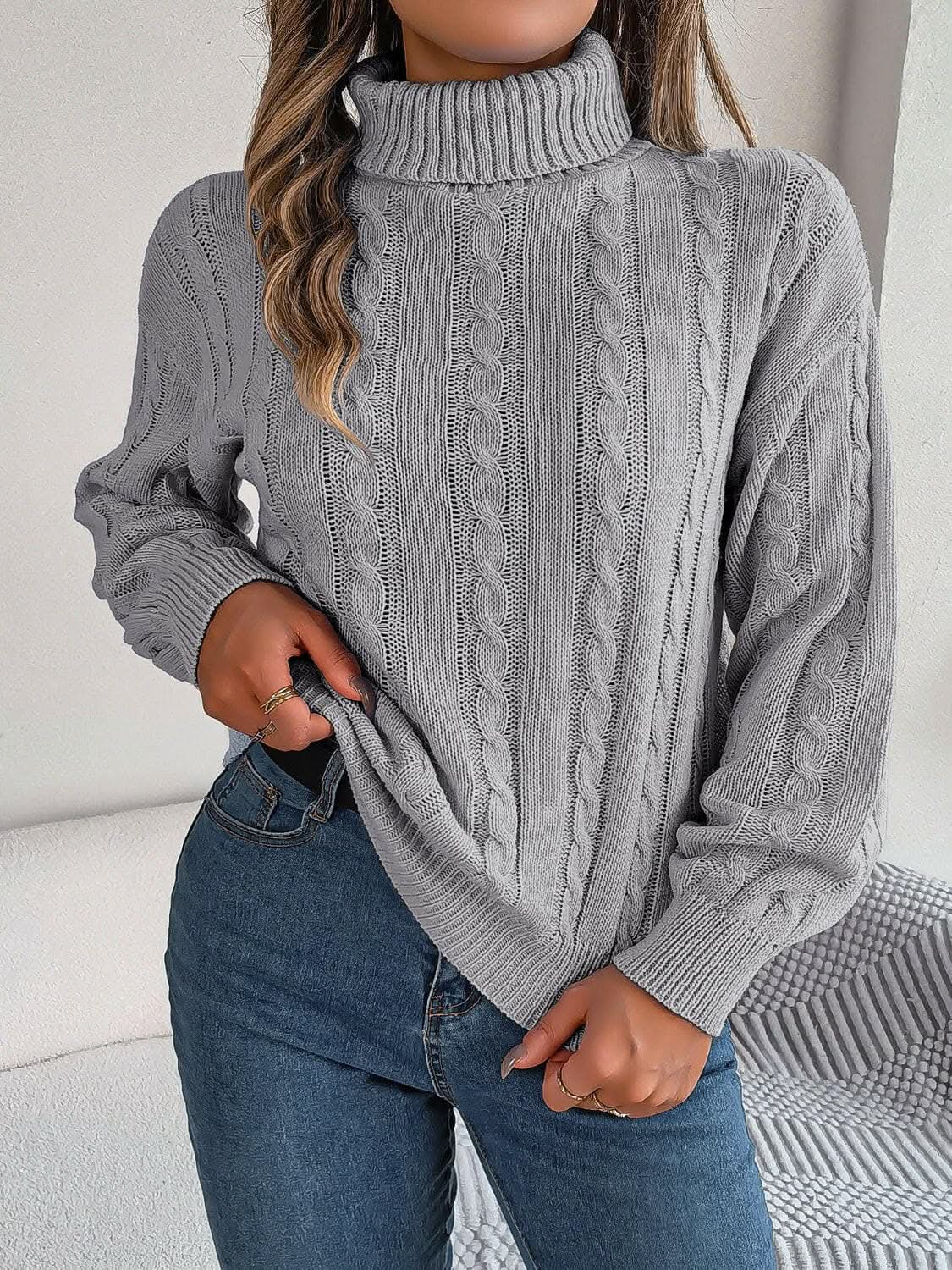 Women's Cable-Knit Sweater by Trendsi | Turtleneck Dusty Pink