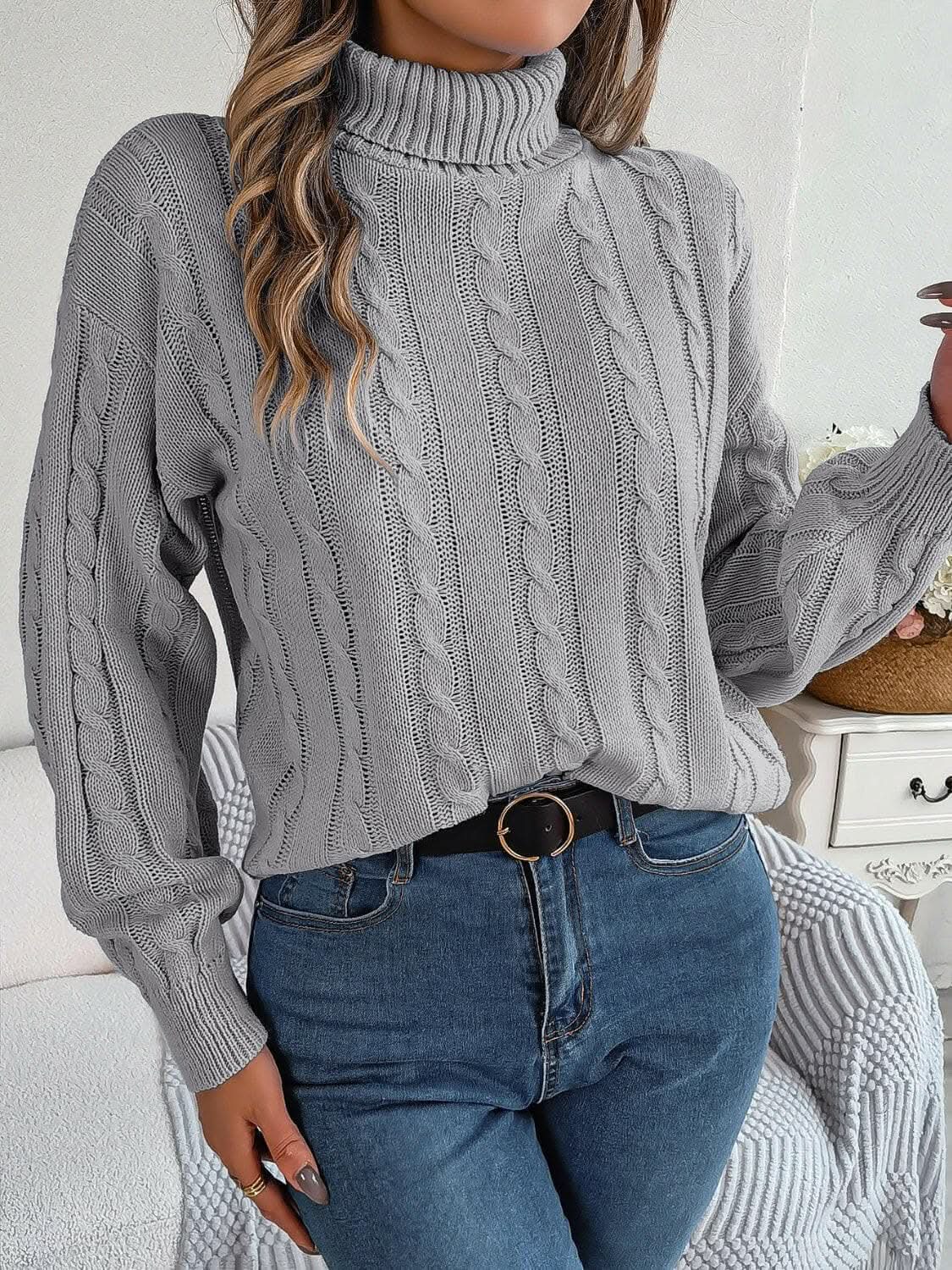 Women's Cable-Knit Sweater by Trendsi | Turtleneck Dusty Pink