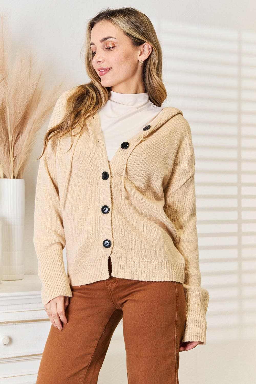 Shirts Trendsi Cozy Hooded Sweater Women's TikTok Outfit Button-Up Knit Top