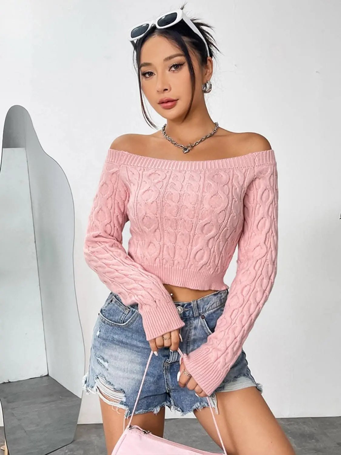 Sweaters Trendsi Cozy off-shoulder cable-knit top