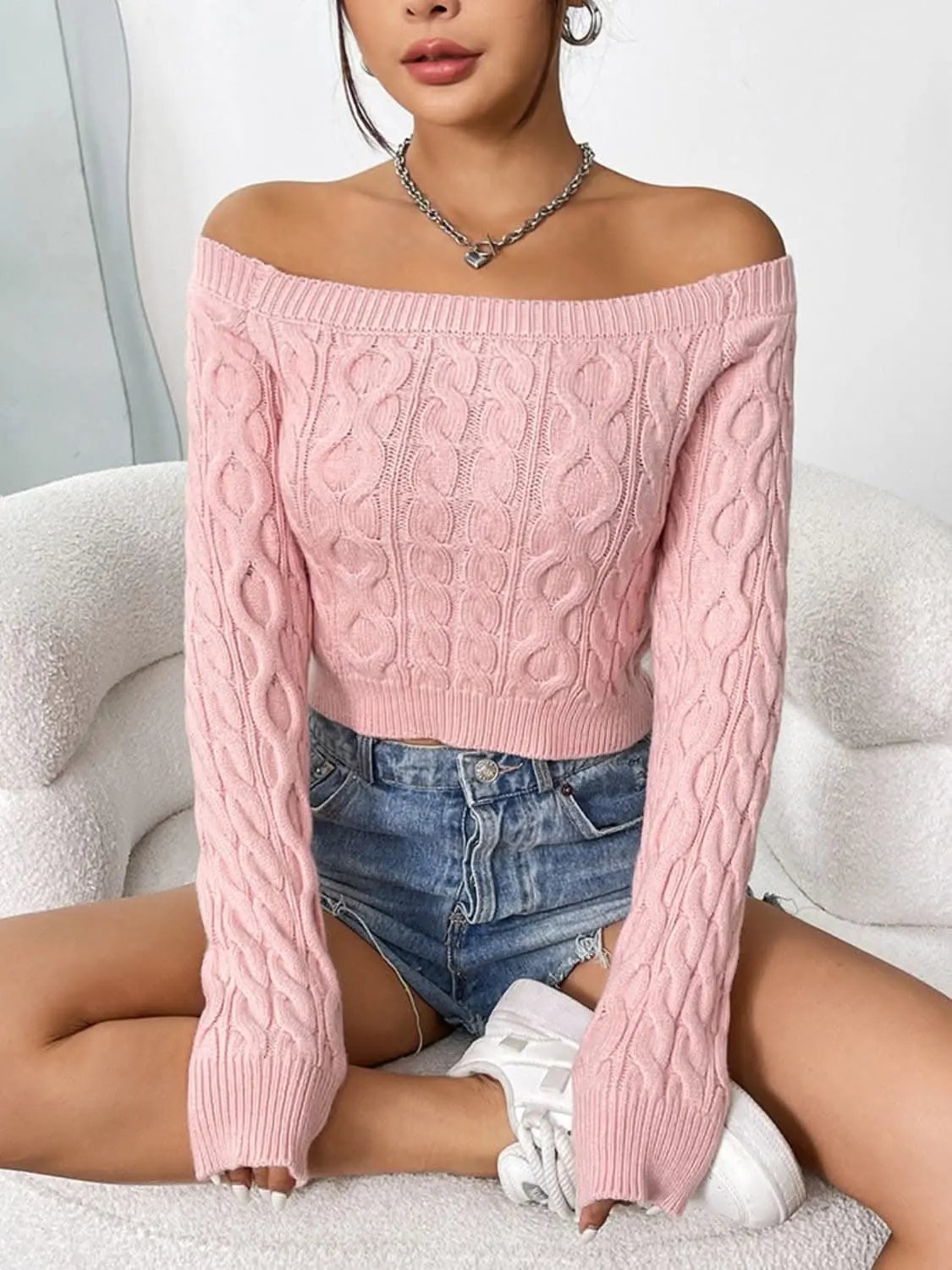Sweaters Trendsi Cozy off-shoulder cable-knit top
