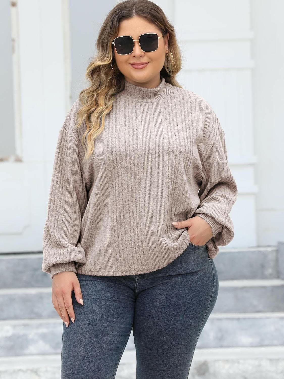 Sweaters Trendsi Plus Size Ribbed Top Women's Cozy Mock Neck Casual Tee