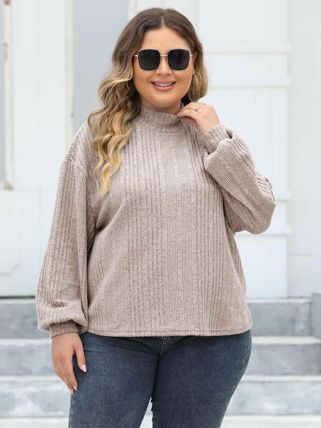Sweaters Trendsi Plus Size Ribbed Top Women's Cozy Mock Neck Casual Tee